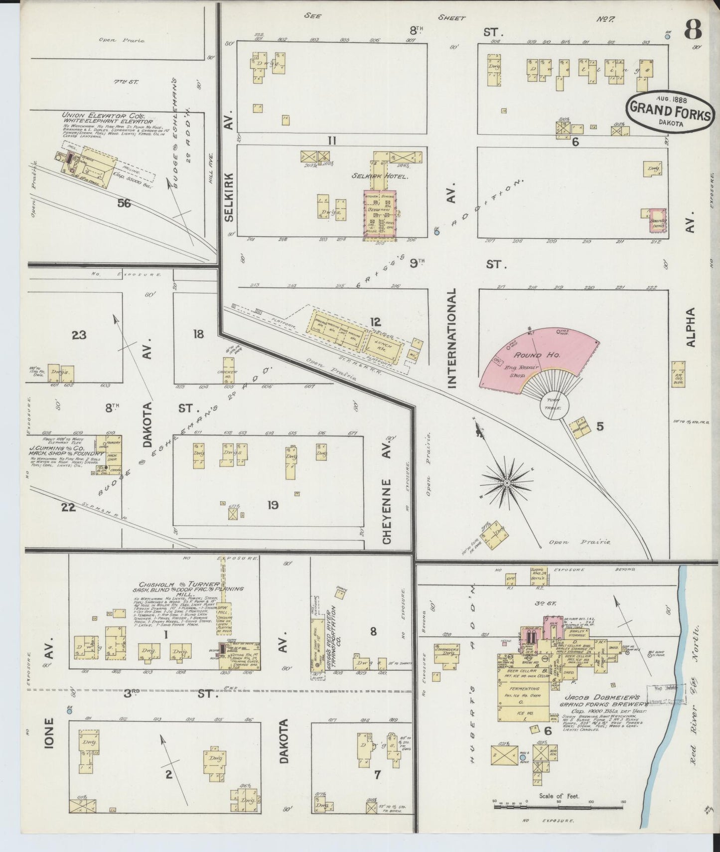 Sanborn Fire Insurance Map from Grand Forks, Grand Forks County, North Dakota (1888), Sheet #0008 - Historic Sanborn Fire Insurance Map Print, vintage old map wall art, antique decor, genealogy gift, North Dakota North Dakota map