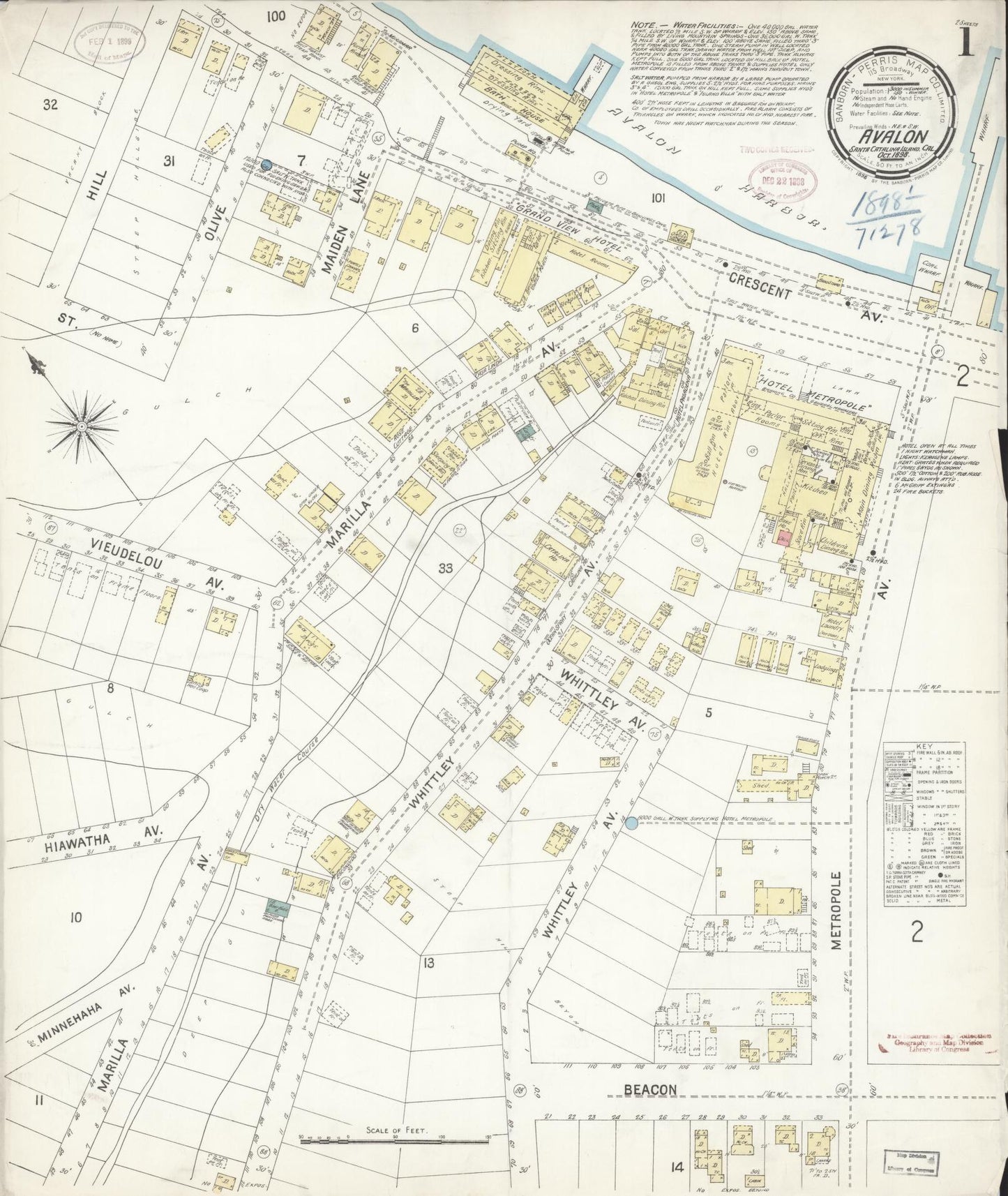 Sanborn Fire Insurance Map from Avalon, Los Angeles County, California (1898), Sheet #0001 - Historic Sanborn Fire Insurance Map Print, vintage old map wall art, antique decor, genealogy gift, California California map