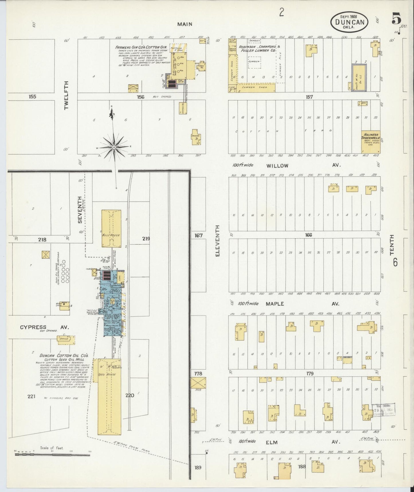Sanborn Fire Insurance Map from Duncan, Stephens County, Oklahoma (1908), Sheet #0005 - Historic Sanborn Fire Insurance Map Print, vintage old map wall art, antique decor, genealogy gift, Oklahoma Oklahoma map