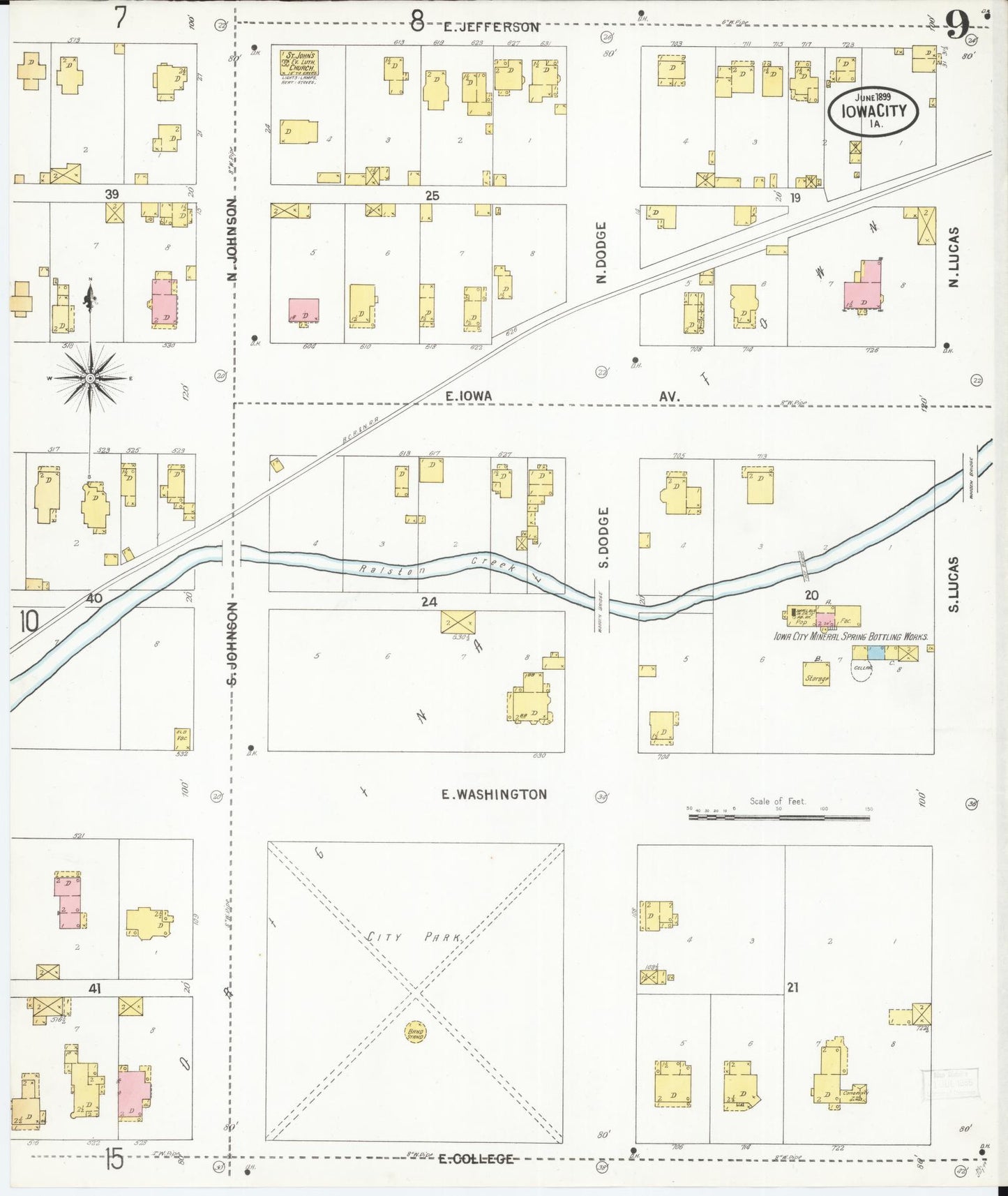 Sanborn Fire Insurance Map from Iowa City, Johnson County, Iowa (1899), Sheet #0009 - Historic Sanborn Fire Insurance Map Print, vintage old map wall art