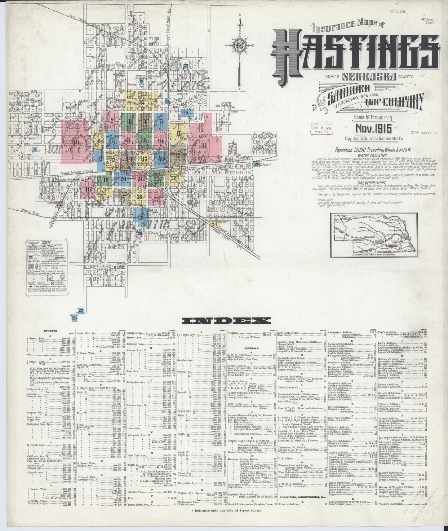 Sanborn Fire Insurance Map from Hastings, Adams County, Nebraska (1915), Sheet #0001 - Historic Sanborn Fire Insurance Map Print, vintage old map wall art, antique decor, genealogy gift, Nebraska Nebraska map