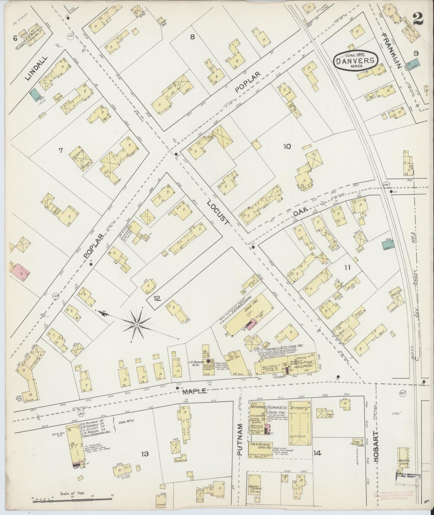 Sanborn Fire Insurance Map from Danvers, Essex County, Massachusetts (1892), Sheet #0002 - Historic Sanborn Fire Insurance Map Print, vintage old map wall art, antique decor, genealogy gift, Massachusetts Massachusetts map