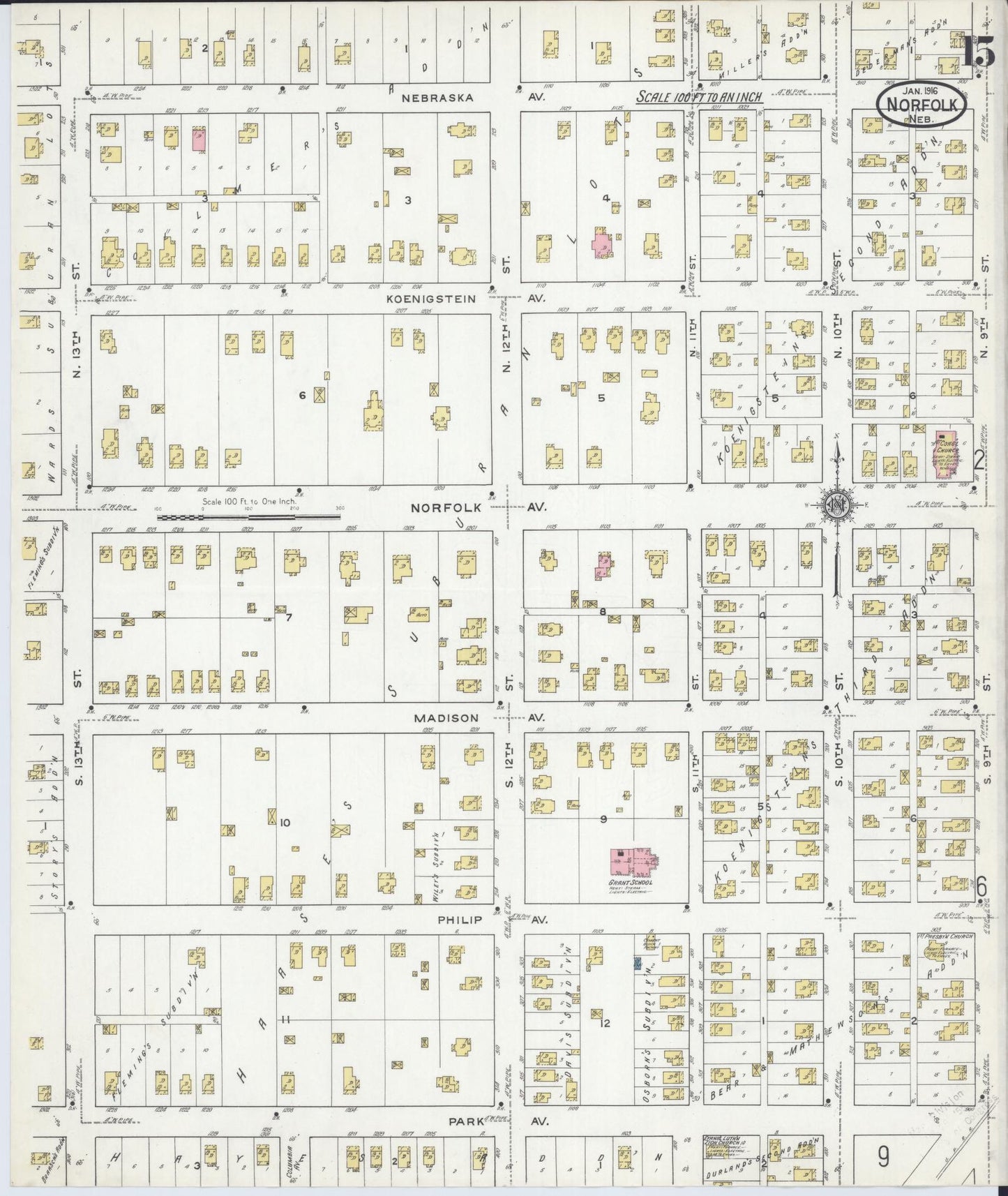 Sanborn Fire Insurance Map from Norfolk, Madison County, Nebraska (1916), Sheet #0015 - Historic Sanborn Fire Insurance Map Print, vintage old map wall art, antique decor, genealogy gift, Nebraska Nebraska map