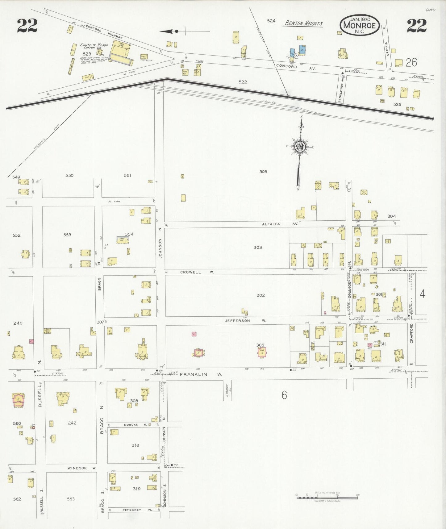 Sanborn Fire Insurance Map from Monroe, Union County, North Carolina (1930), Sheet #0022 - Historic Sanborn Fire Insurance Map Print, vintage old map wall art, antique decor, genealogy gift, North Carolina North Carolina map
