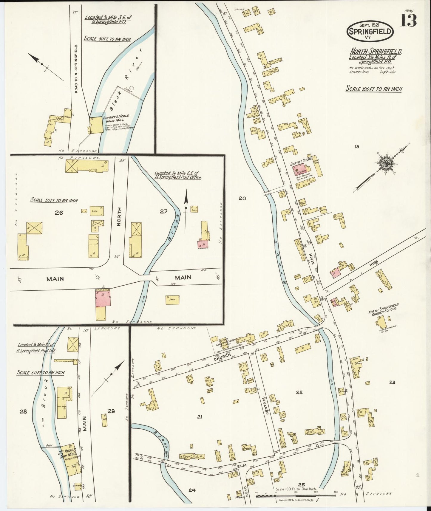 Sanborn Fire Insurance Map from Springfield, Windsor County, Vermont (1921), Sheet #0013 - Historic Sanborn Fire Insurance Map Print, vintage old map wall art, antique decor, genealogy gift, Vermont Vermont map
