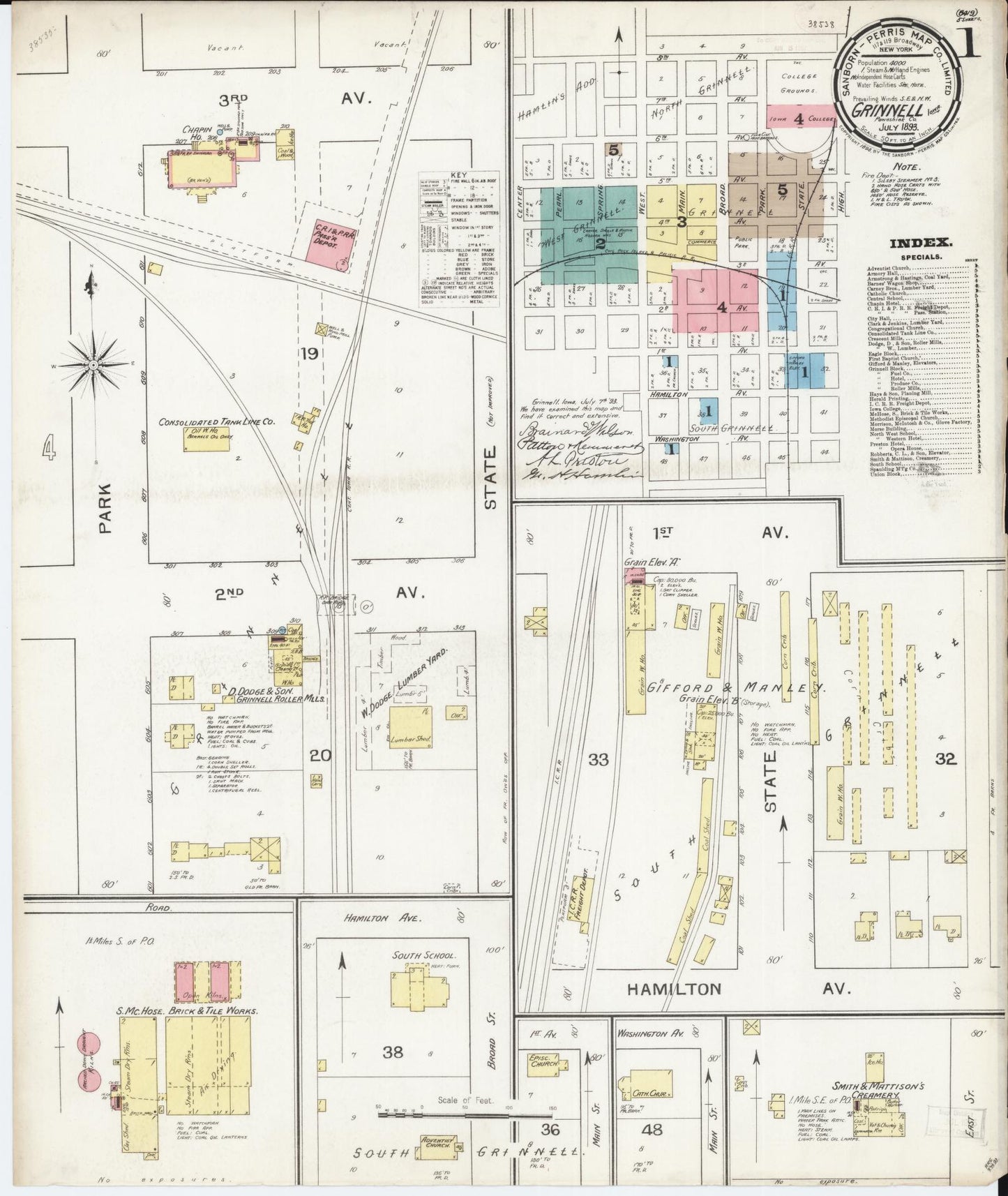 Sanborn Fire Insurance Map from Grinnell, Poweshiek County, Iowa (1893), Sheet #0001 - Historic Sanborn Fire Insurance Map Print, vintage old map wall art