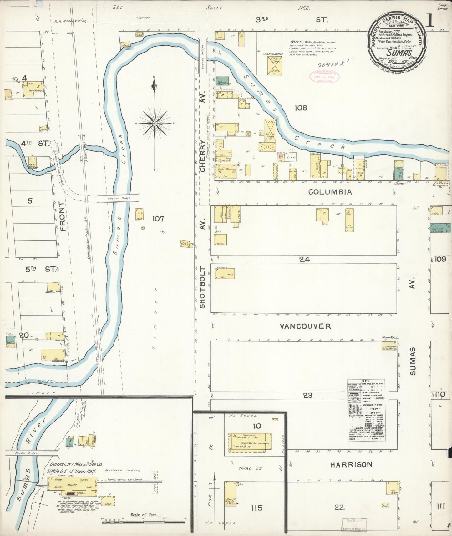 Sanborn Fire Insurance Map from Sumas, Whatcom County, Washington (1892), Sheet #0001 - Historic Sanborn Fire Insurance Map Print, vintage old map wall art, antique decor, genealogy gift, Washington Washington map