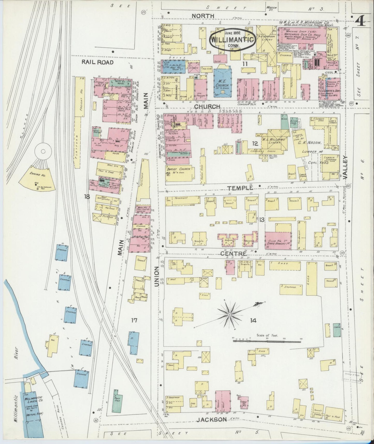 Sanborn Fire Insurance Map from Willimantic, Windham County, Connecticut (1892), Sheet #0004 - Historic Sanborn Fire Insurance Map Print, vintage old map wall art, antique decor, genealogy gift, Connecticut Connecticut map