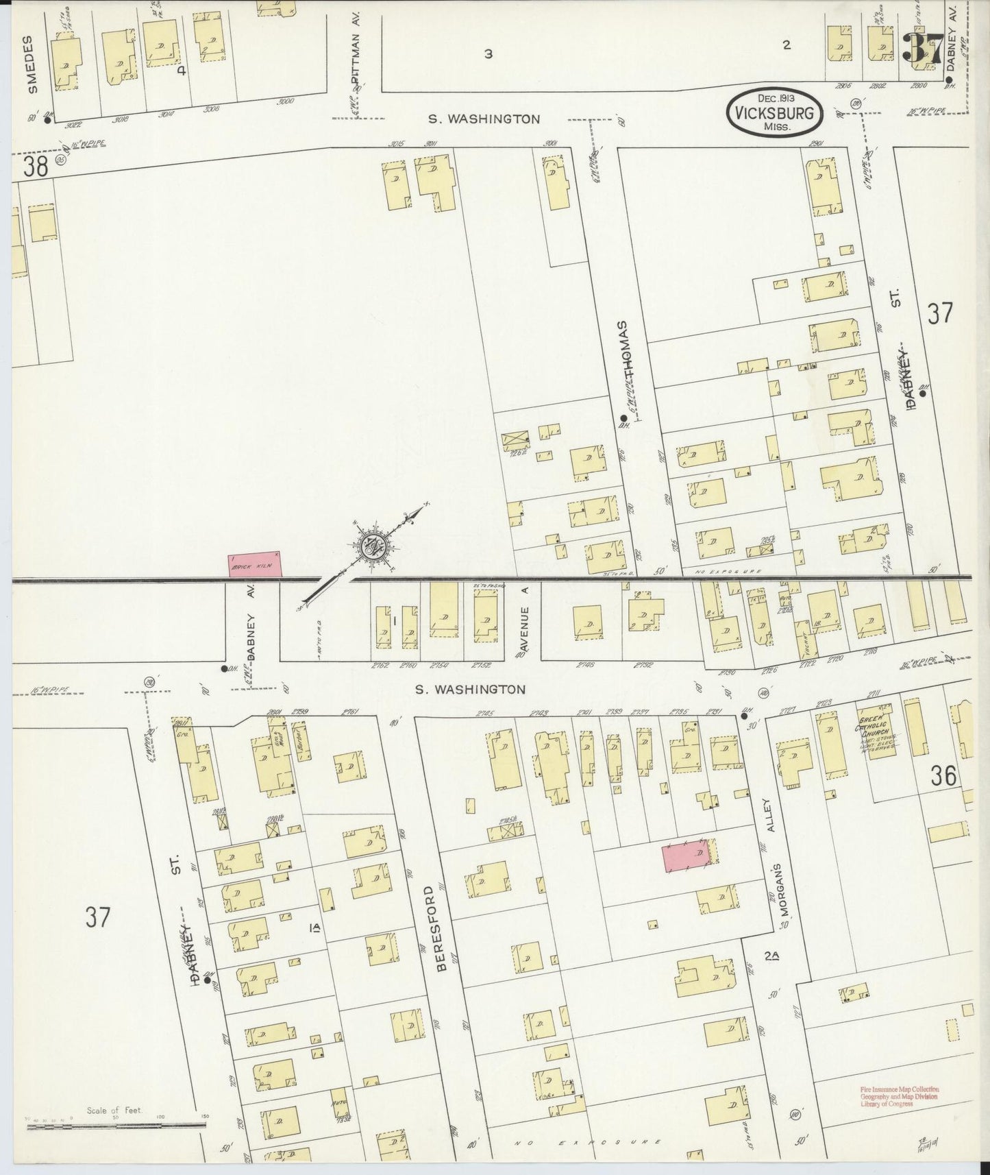 Sanborn Fire Insurance Map from Vicksburg, Warren County, Mississippi (1913), Sheet #0037 - Historic Sanborn Fire Insurance Map Print, vintage old map wall art, antique decor, genealogy gift, Mississippi Mississippi map