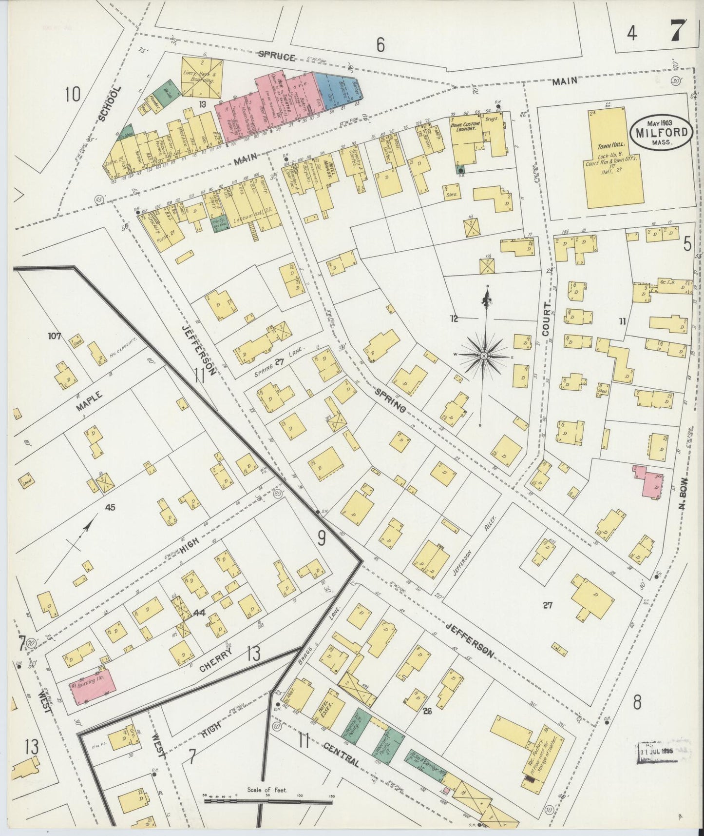 Sanborn Fire Insurance Map from Milford, Worcester County, Massachusetts (1903), Sheet #0007 - Historic Sanborn Fire Insurance Map Print, vintage old map wall art, antique decor, genealogy gift, Massachusetts Massachusetts map