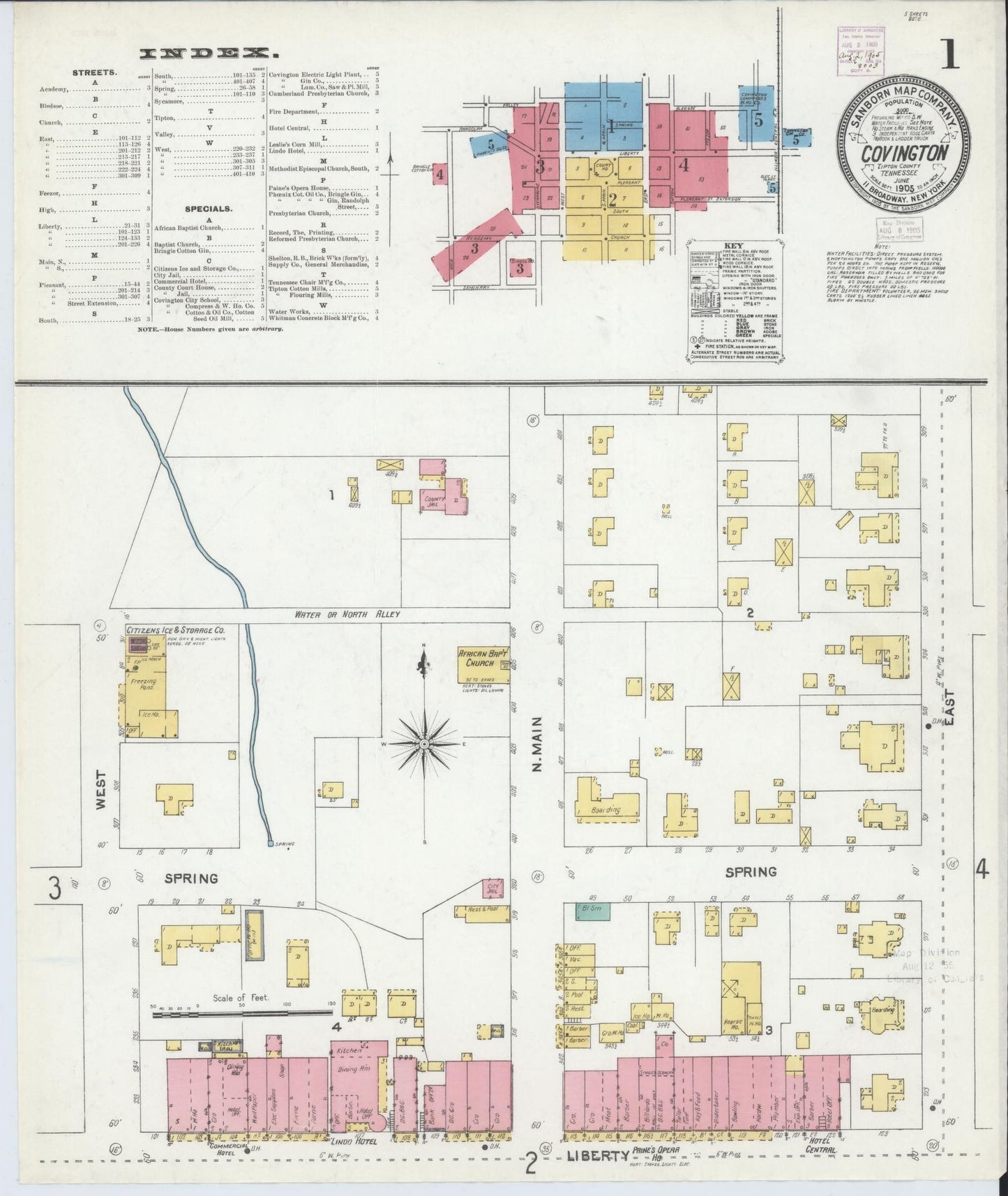 Sanborn Fire Insurance Map from Covington, Tipton County, Tennessee (1905), Sheet #0001 - Historic Sanborn Fire Insurance Map Print, vintage old map wall art, antique decor, genealogy gift, Tennessee Tennessee map