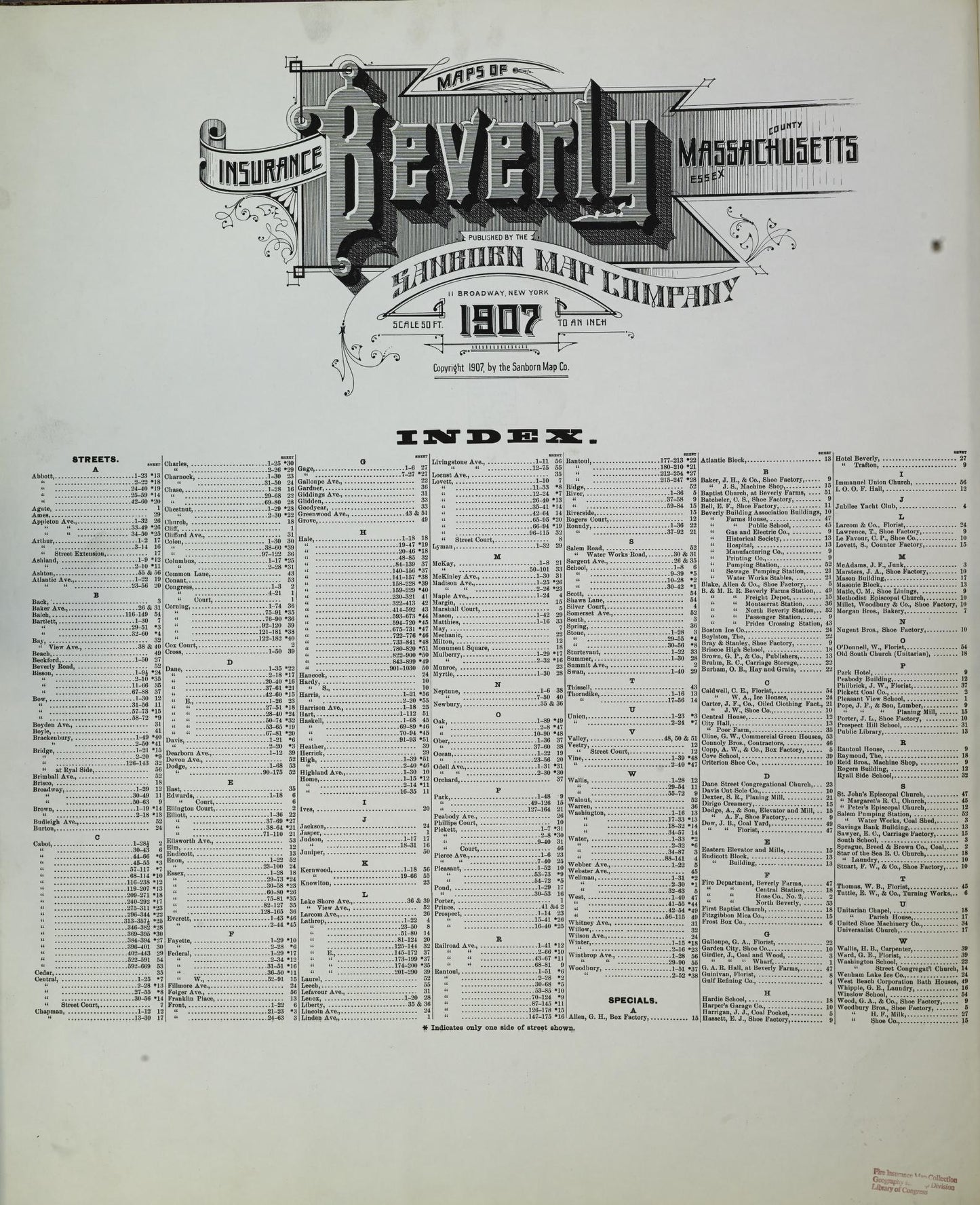 Sanborn Fire Insurance Map from Beverly, Essex County, Massachusetts (1907), Sheet #0001 - Historic Sanborn Fire Insurance Map Print, vintage old map wall art, antique decor, genealogy gift, Massachusetts Massachusetts map