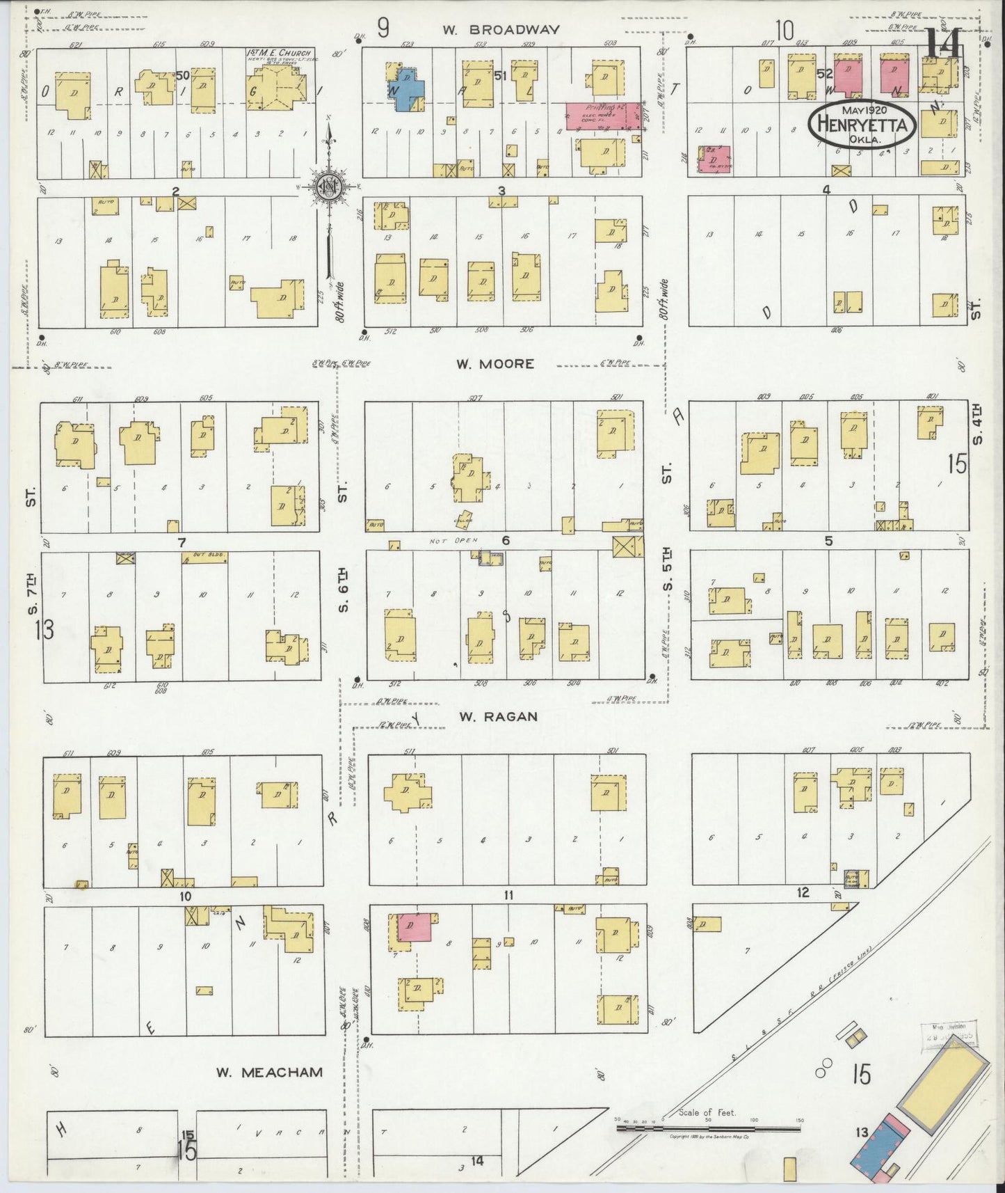 Sanborn Fire Insurance Map from Henryetta, Okmulgee County, Oklahoma (1920), Sheet #0014 - Historic Sanborn Fire Insurance Map Print, vintage old map wall art, antique decor, genealogy gift, Oklahoma Oklahoma map