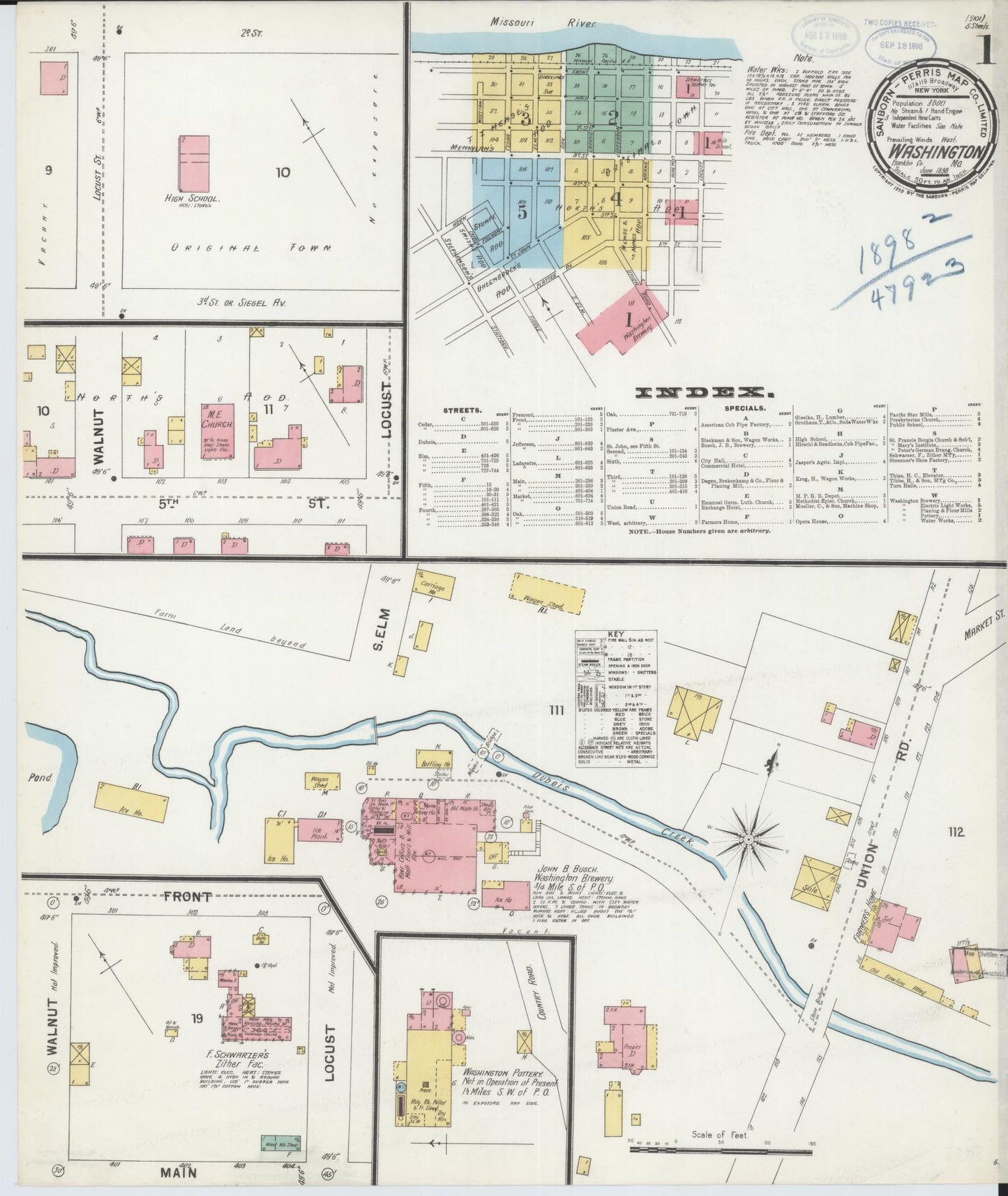 Sanborn Fire Insurance Map from Washington, Franklin County, Missouri (1898), Sheet #0001 - Historic Sanborn Fire Insurance Map Print, vintage old map wall art, antique decor, genealogy gift, Missouri Missouri map