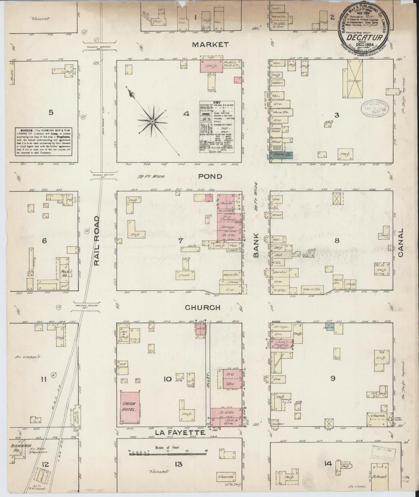 Sanborn Fire Insurance Map from Decatur, Morgan County, Alabama (1884), Sheet #0001 - Historic Sanborn Fire Insurance Map Print, vintage old map wall art, antique decor, genealogy gift, Alabama Alabama map