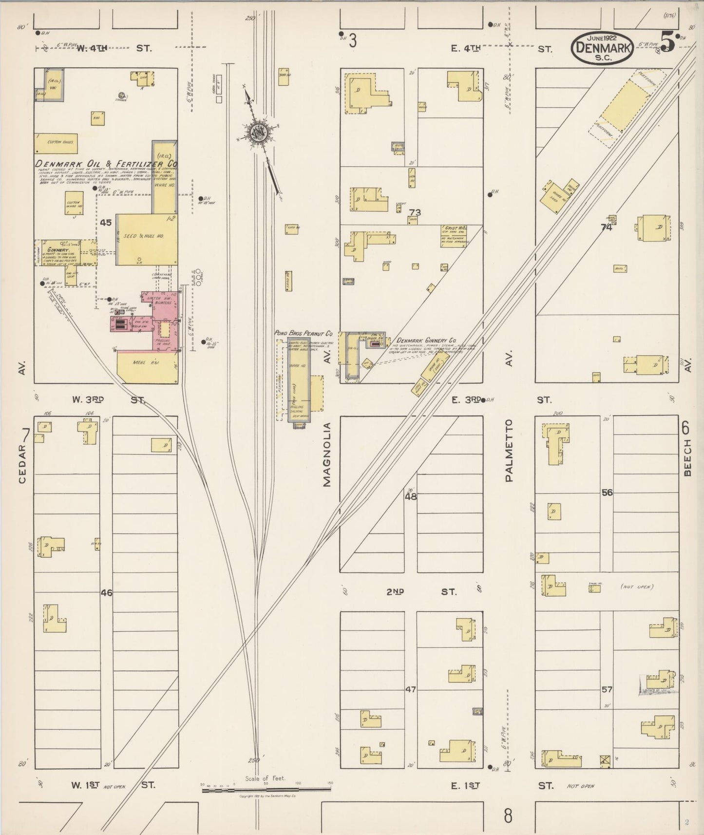 Sanborn Fire Insurance Map from Denmark, Bamberg County, South Carolina (1922), Sheet #0005 - Historic Sanborn Fire Insurance Map Print, vintage old map wall art, antique decor, genealogy gift, South Carolina South Carolina map