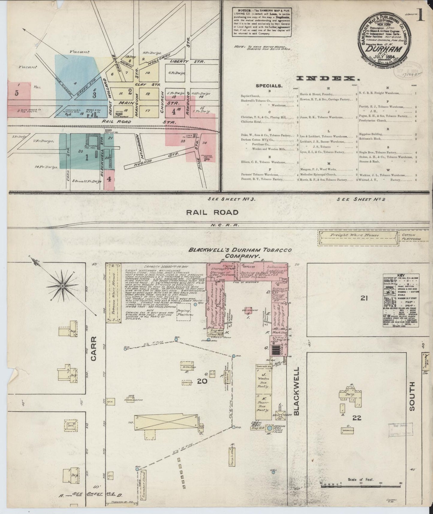 Sanborn Fire Insurance Map from Durham, Durham County, North Carolina (1884), Sheet #0001 - Historic Sanborn Fire Insurance Map Print, vintage old map wall art, antique decor, genealogy gift, North Carolina North Carolina map