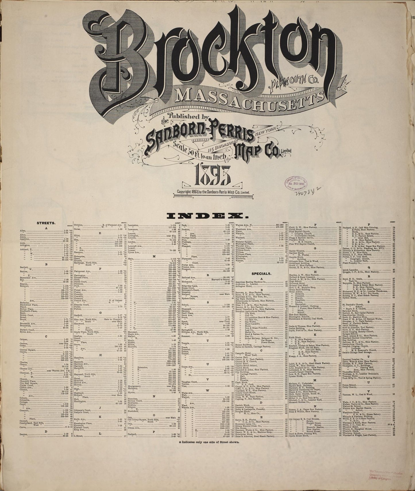 Sanborn Fire Insurance Map from Brockton, Plymouth County, Massachusetts (1893), Sheet #0001 - Historic Sanborn Fire Insurance Map Print, vintage old map wall art, antique decor, genealogy gift, Massachusetts Massachusetts map