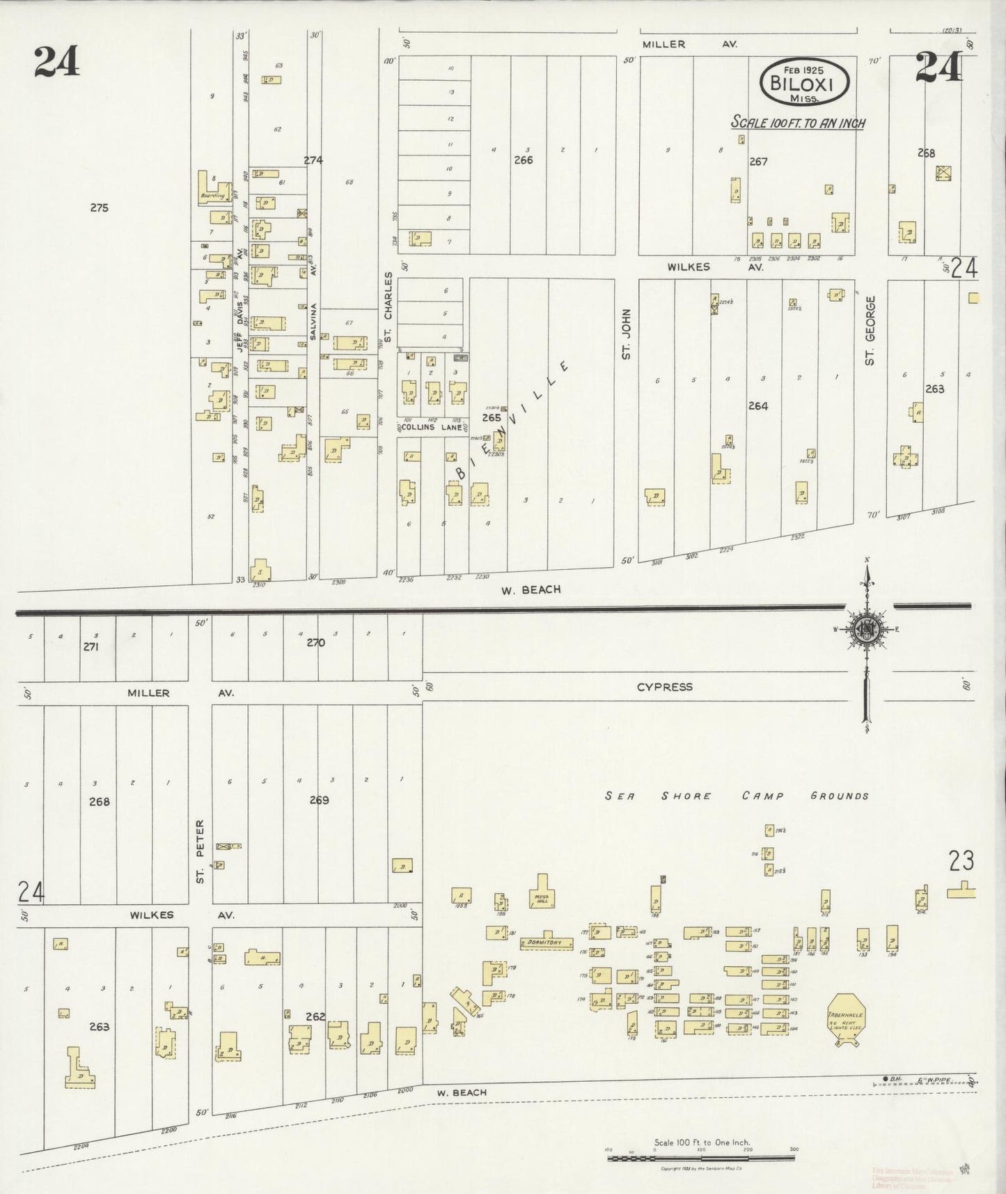 Sanborn Fire Insurance Map from Biloxi, Harrison County, Mississippi (1925), Sheet #0024 - Historic Sanborn Fire Insurance Map Print, vintage old map wall art, antique decor, genealogy gift, Mississippi Mississippi map