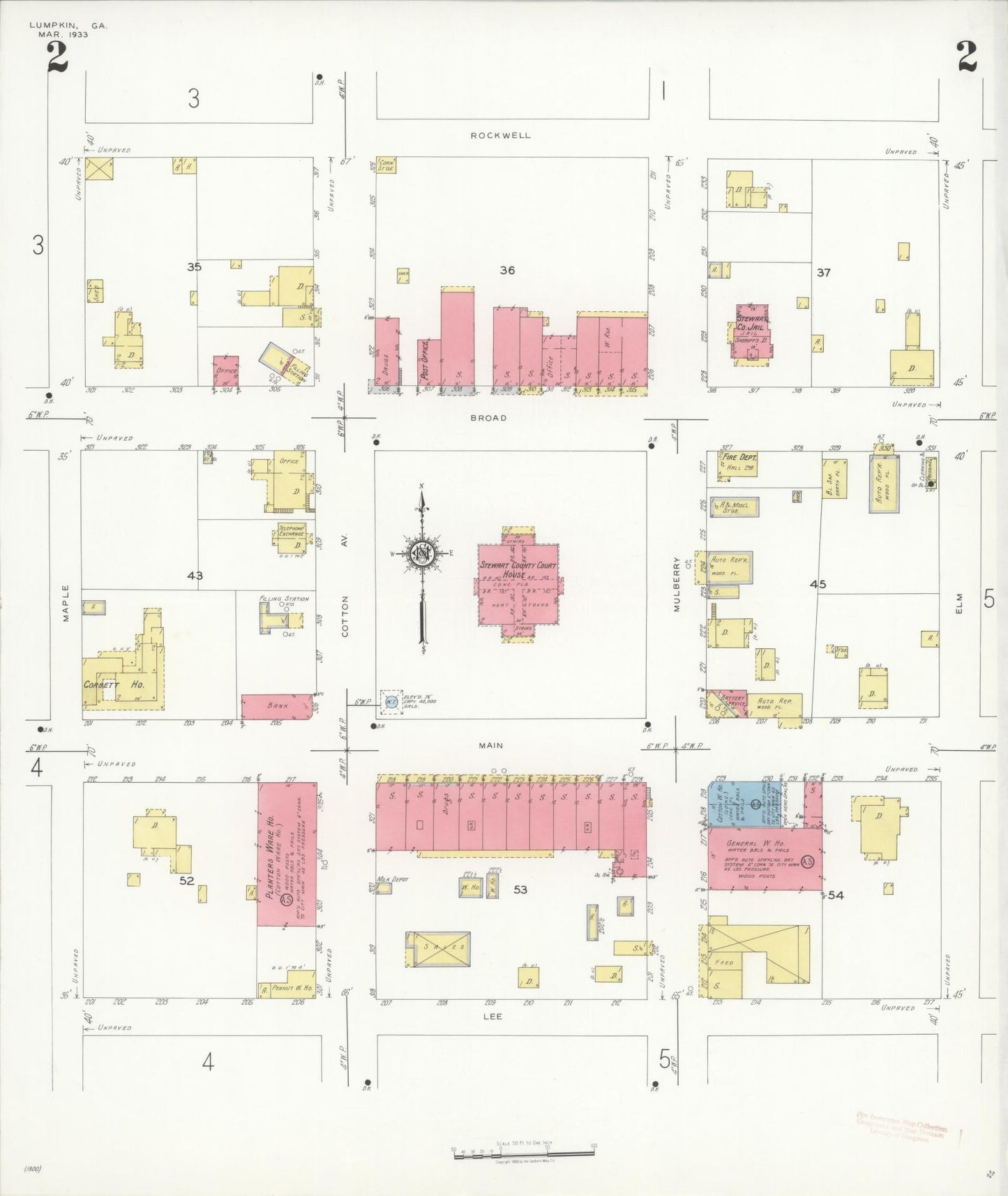 Sanborn Fire Insurance Map from Lumpkin, Stewart County, Georgia (1933), Sheet #0002 - Historic Sanborn Fire Insurance Map Print, vintage old map wall art, antique decor, genealogy gift, Georgia Georgia map