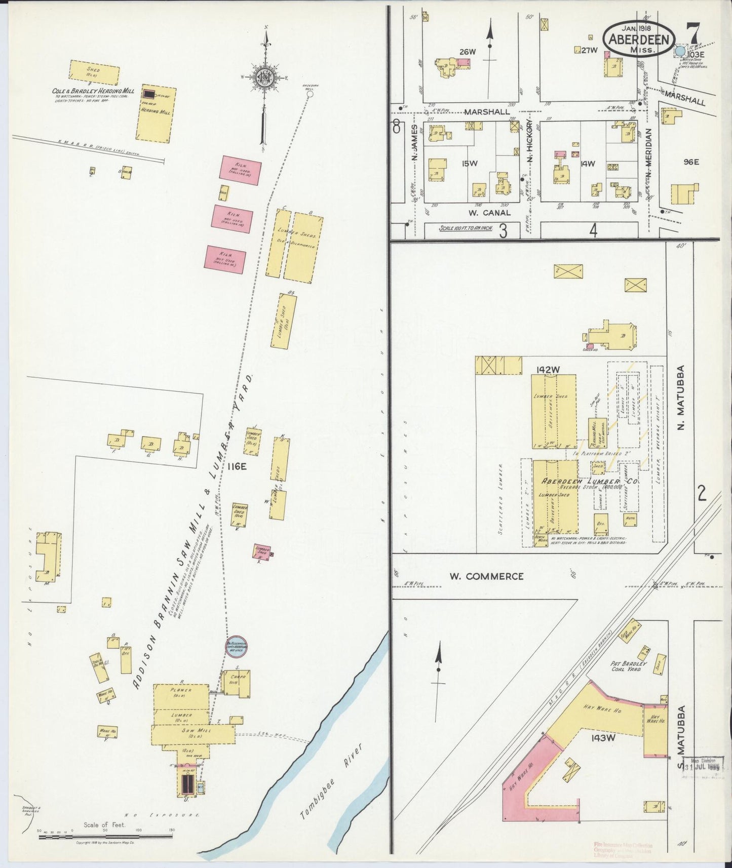 Sanborn Fire Insurance Map from Aberdeen, Monroe County, Mississippi (1918), Sheet #0007 - Historic Sanborn Fire Insurance Map Print, vintage old map wall art, antique decor, genealogy gift, Mississippi Mississippi map