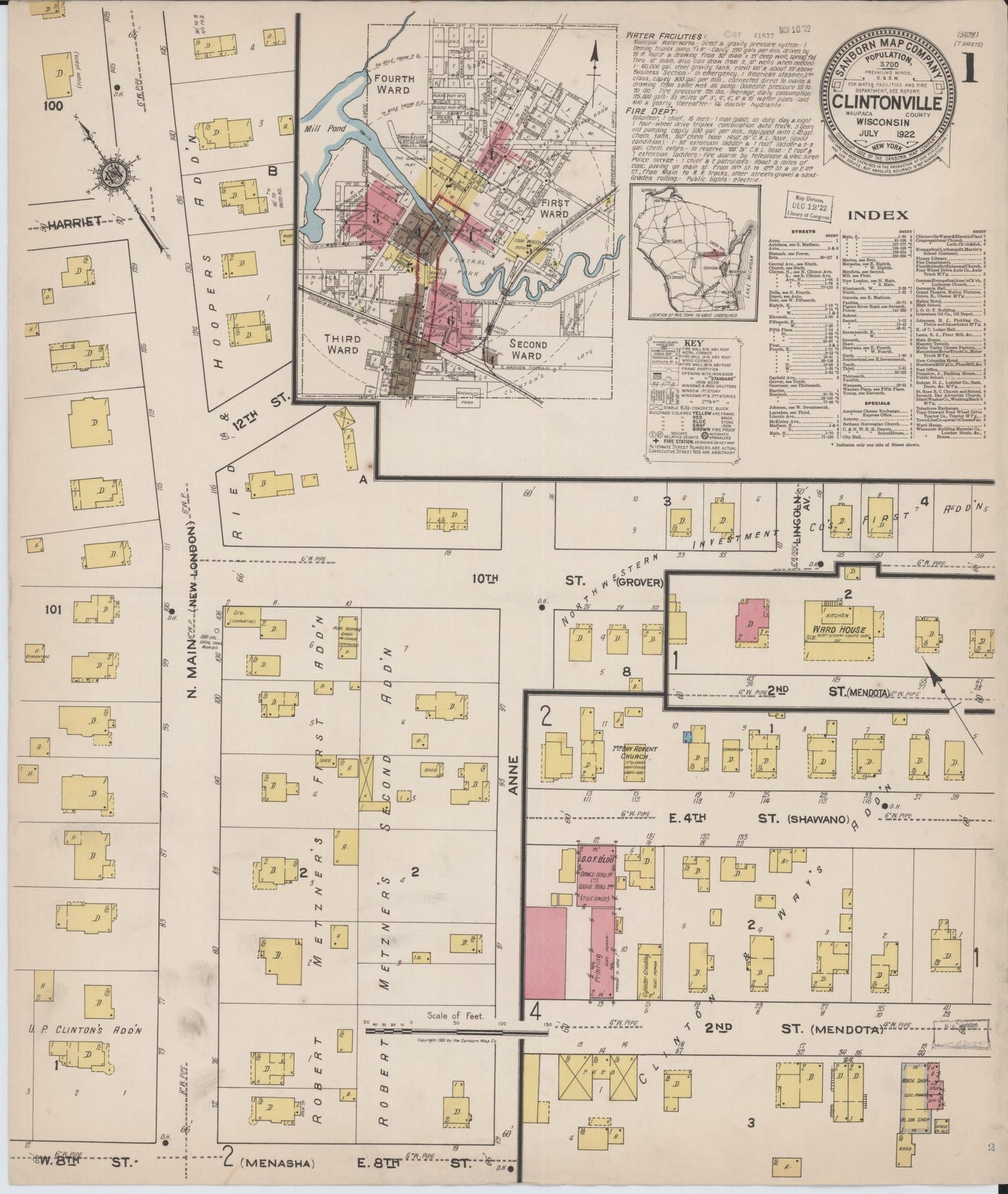 Sanborn Fire Insurance Map from Clintonville, Waupaca County, Wisconsin (1922), Sheet #0001 - Historic Sanborn Fire Insurance Map Print, vintage old map wall art, antique decor, genealogy gift, Wisconsin Wisconsin map