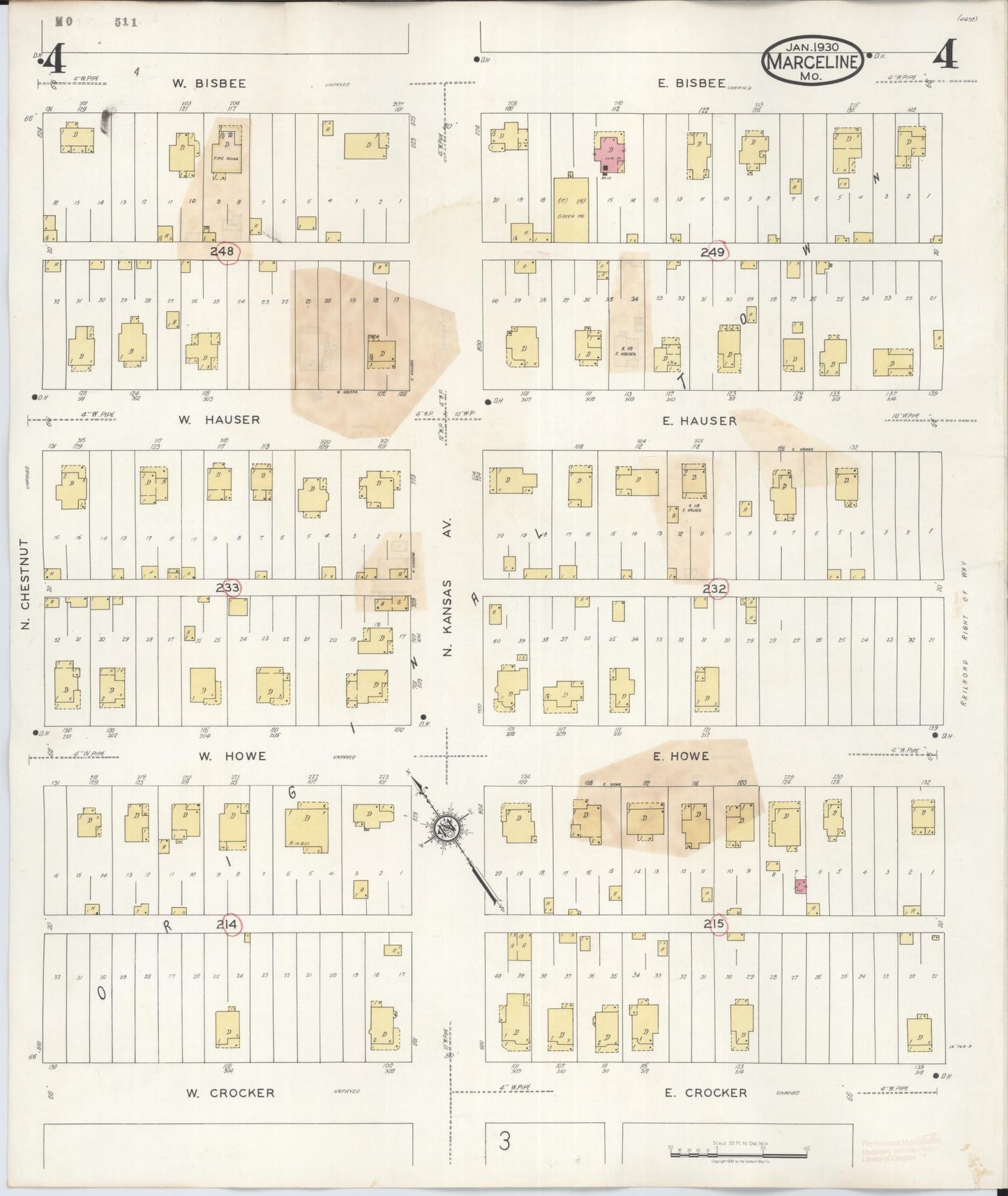 Sanborn Fire Insurance Map from Marceline, Linn County, Missouri (1939), Sheet #0004 - Historic Sanborn Fire Insurance Map Print, vintage old map wall art, antique decor, genealogy gift, Missouri Missouri map