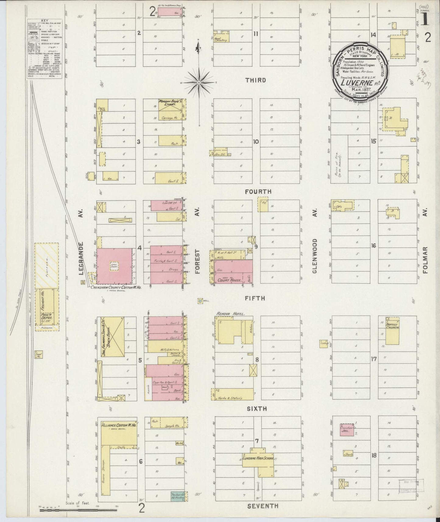 Sanborn Fire Insurance Map from Luverne, Crenshaw County, Alabama (1897), Sheet #0001 - Historic Sanborn Fire Insurance Map Print, vintage old map wall art, antique decor, genealogy gift, Alabama Alabama map