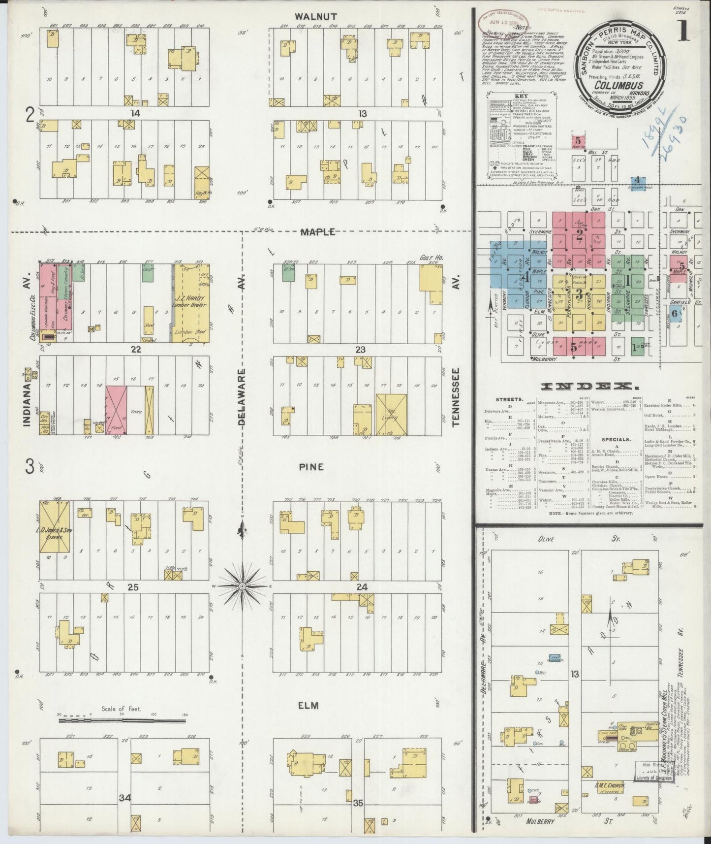 Sanborn Fire Insurance Map from Columbus, Cherokee County, Kansas (1899), Sheet #0001 - Historic Sanborn Fire Insurance Map Print, vintage old map wall art, antique decor, genealogy gift, Kansas Kansas map