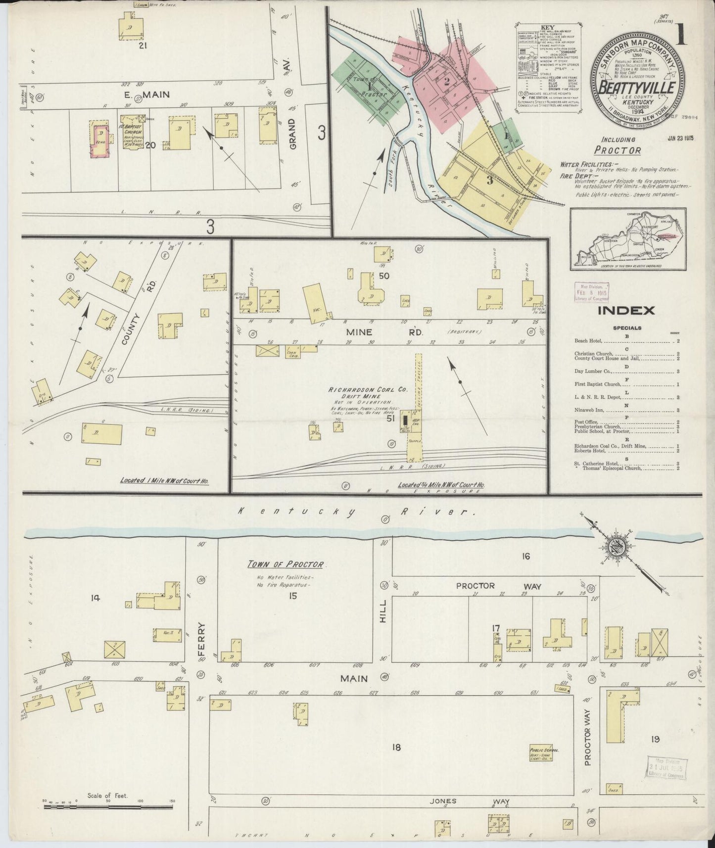 Sanborn Fire Insurance Map from Beattyville, Lee County, Kentucky (1914), Sheet #0001 - Historic Sanborn Fire Insurance Map Print, vintage old map wall art, antique decor, genealogy gift, Kentucky Kentucky map