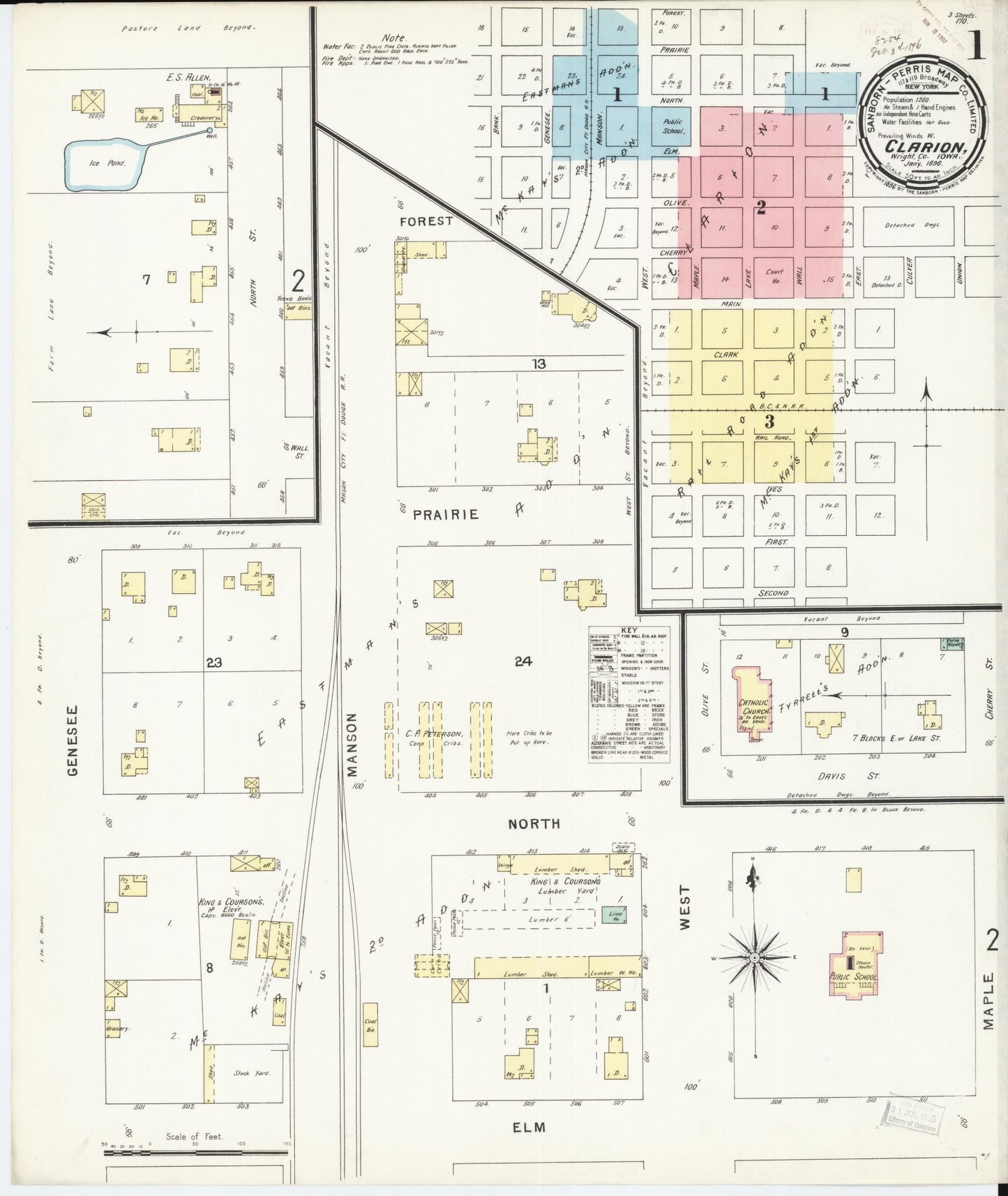 Sanborn Fire Insurance Map from Clarion, Wright County, Iowa (1896), Sheet #0001 - Historic Sanborn Fire Insurance Map Print, vintage old map wall art