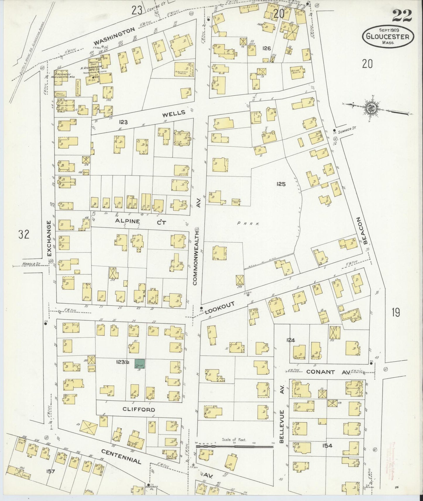 Sanborn Fire Insurance Map from Gloucester, Essex County, Massachusetts (1909), Sheet #0022 - Historic Sanborn Fire Insurance Map Print, vintage old map wall art, antique decor, genealogy gift, Massachusetts Massachusetts map