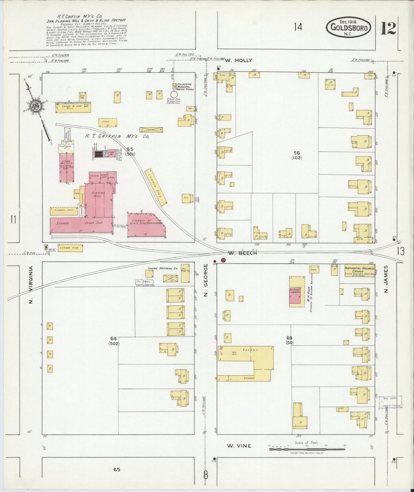 Sanborn Fire Insurance Map from Goldsboro, Wayne County, North Carolina (1918), Sheet #0012 - Historic Sanborn Fire Insurance Map Print, vintage old map wall art, antique decor, genealogy gift, North Carolina North Carolina map