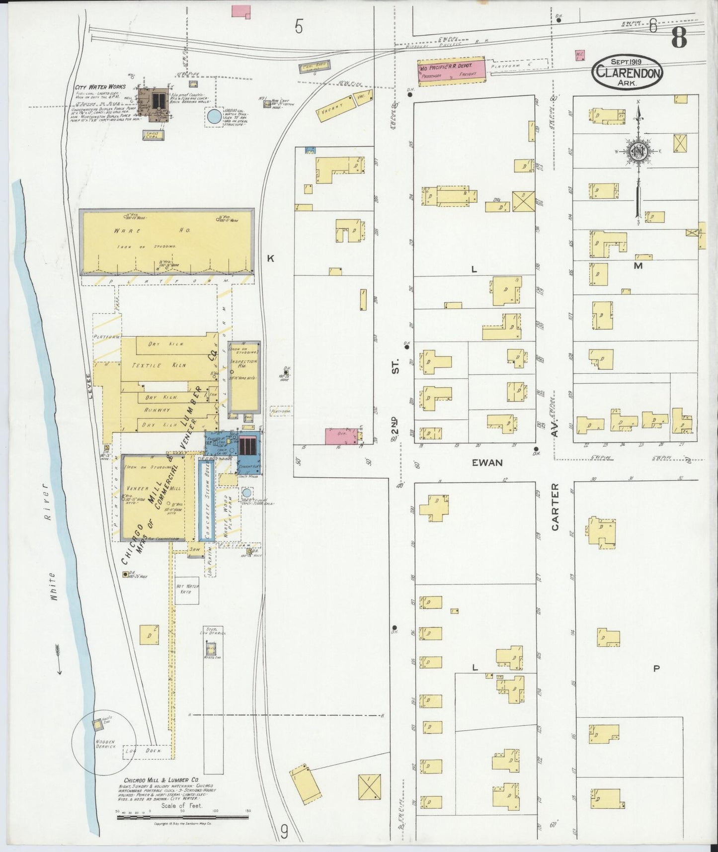 Sanborn Fire Insurance Map from Clarendon, Monroe County, Arkansas (1919), Sheet #0008 - Historic Sanborn Fire Insurance Map Print, vintage old map wall art, antique decor, genealogy gift, Arkansas Arkansas map