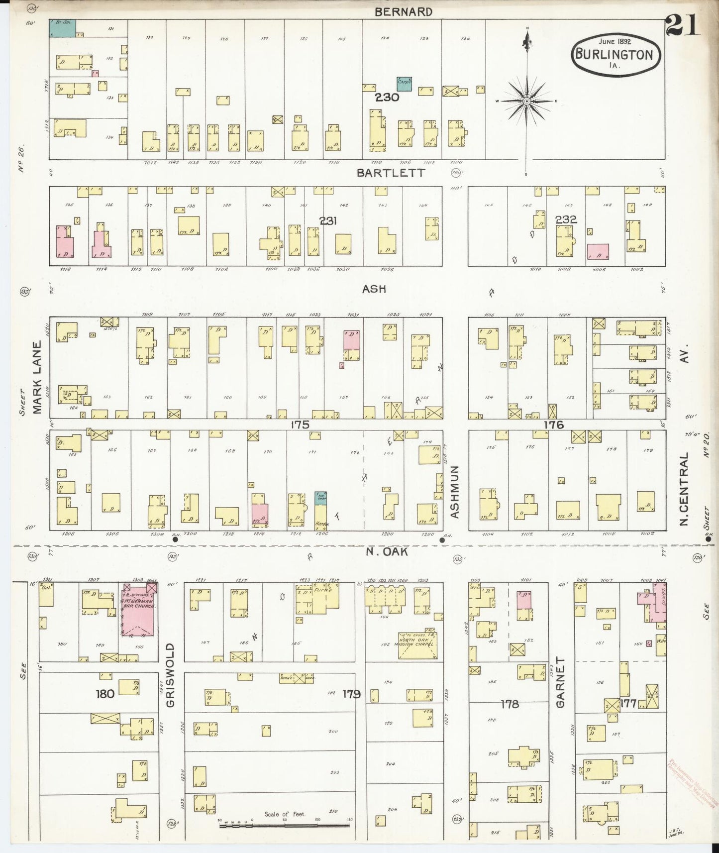 Sanborn Fire Insurance Map from Burlington, Des Moines County, Iowa (1892), Sheet #0021 - Historic Sanborn Fire Insurance Map Print, vintage old map wall art