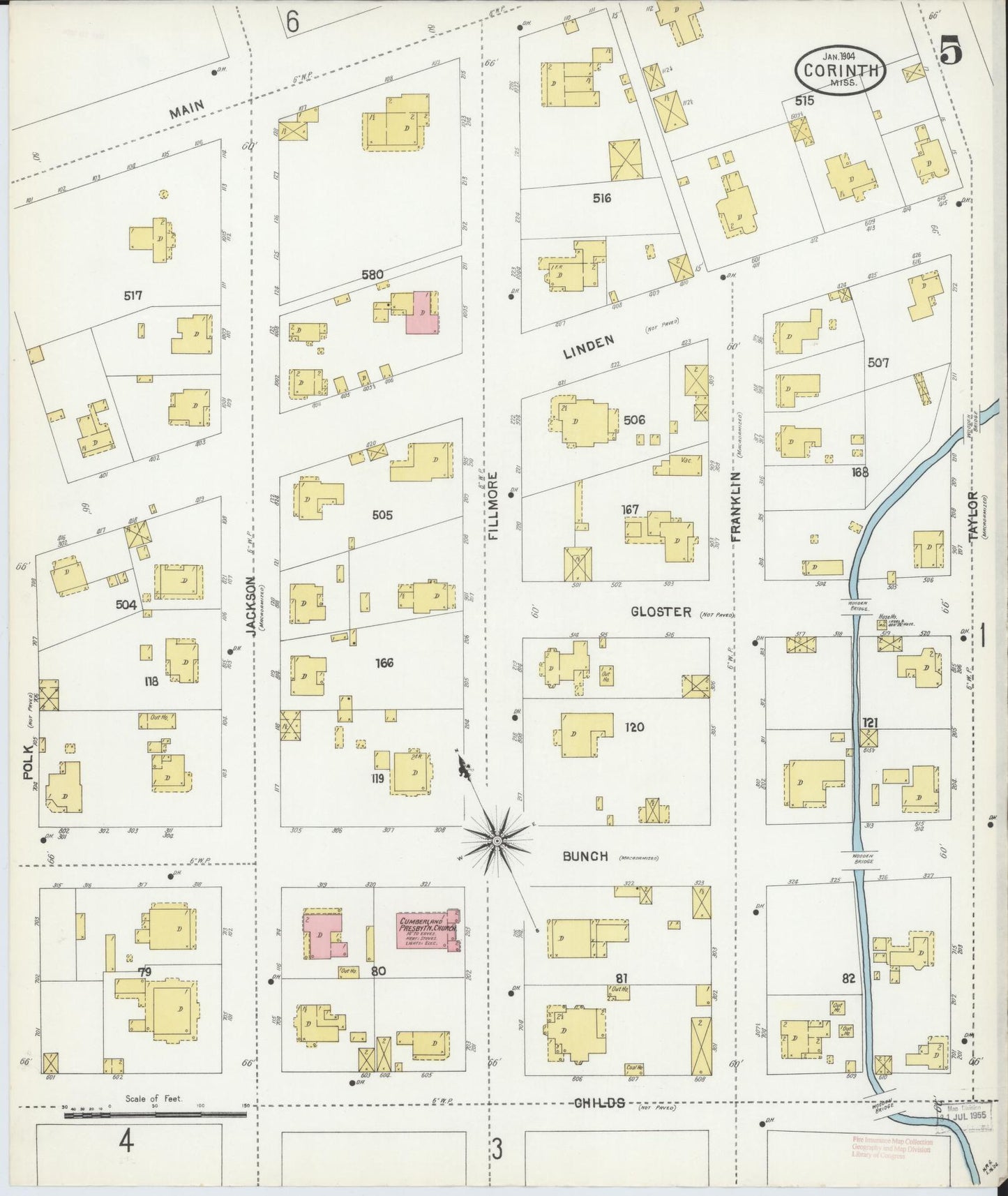 Sanborn Fire Insurance Map from Corinth, Alcorn County, Mississippi (1904), Sheet #0005 - Historic Sanborn Fire Insurance Map Print, vintage old map wall art, antique decor, genealogy gift, Mississippi Mississippi map