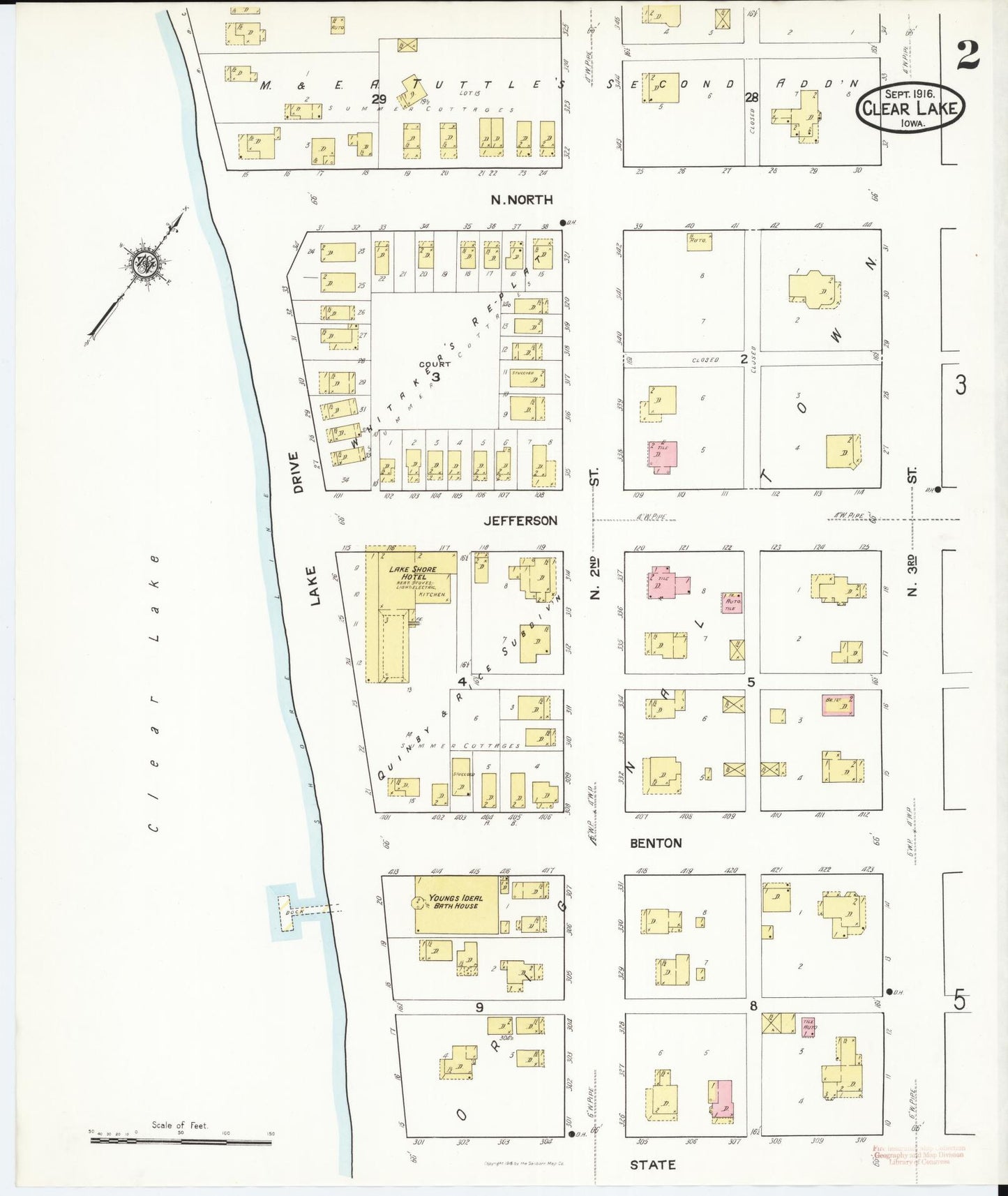Sanborn Fire Insurance Map from Clear Lake, Cerro Gordo County, Iowa (1916), Sheet #0002 - Historic Sanborn Fire Insurance Map Print, vintage old map wall art