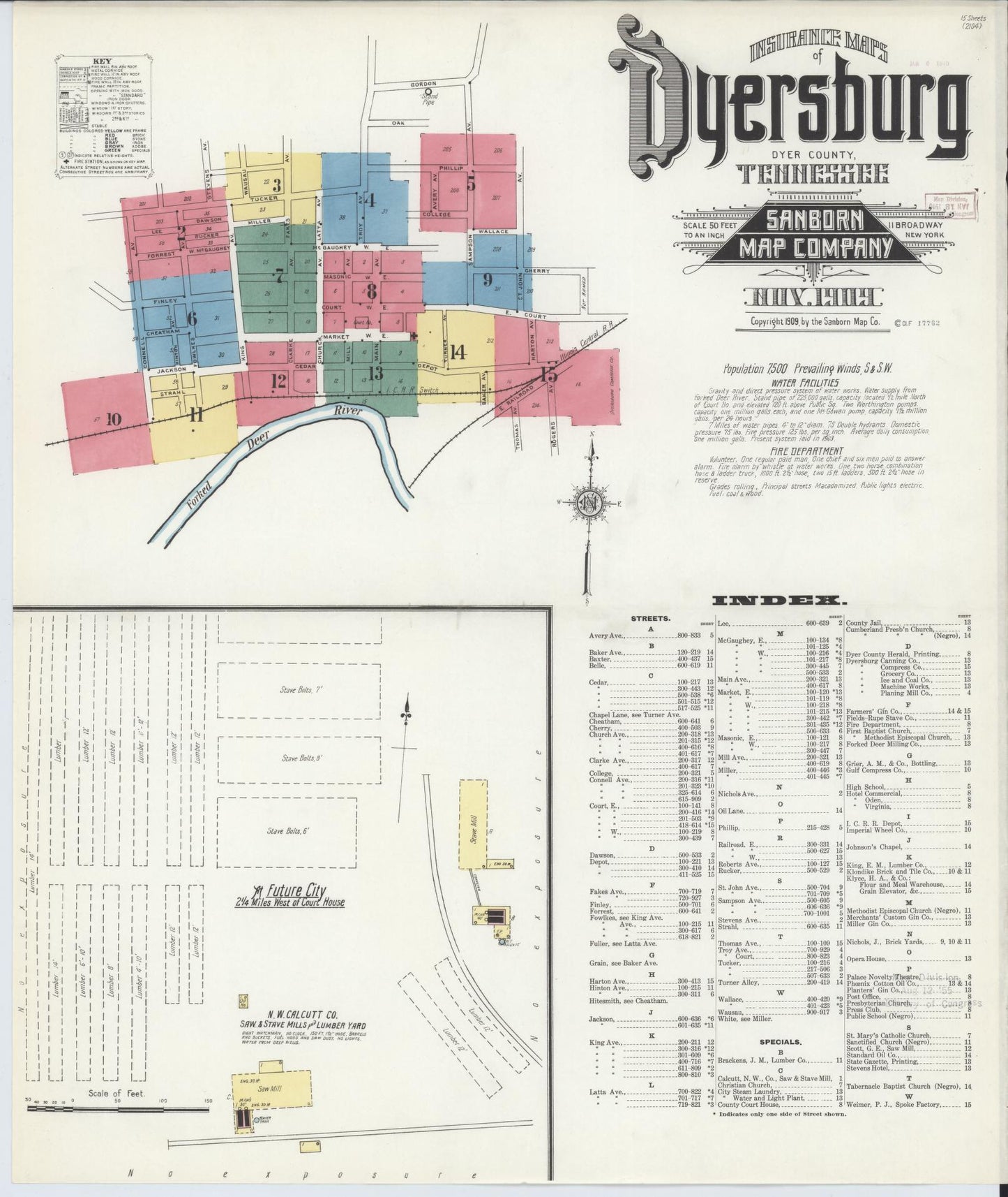 Sanborn Fire Insurance Map from Dyersburg, Dyer County, Tennessee (1909), Sheet #0001 - Historic Sanborn Fire Insurance Map Print, vintage old map wall art, antique decor, genealogy gift, Tennessee Tennessee map