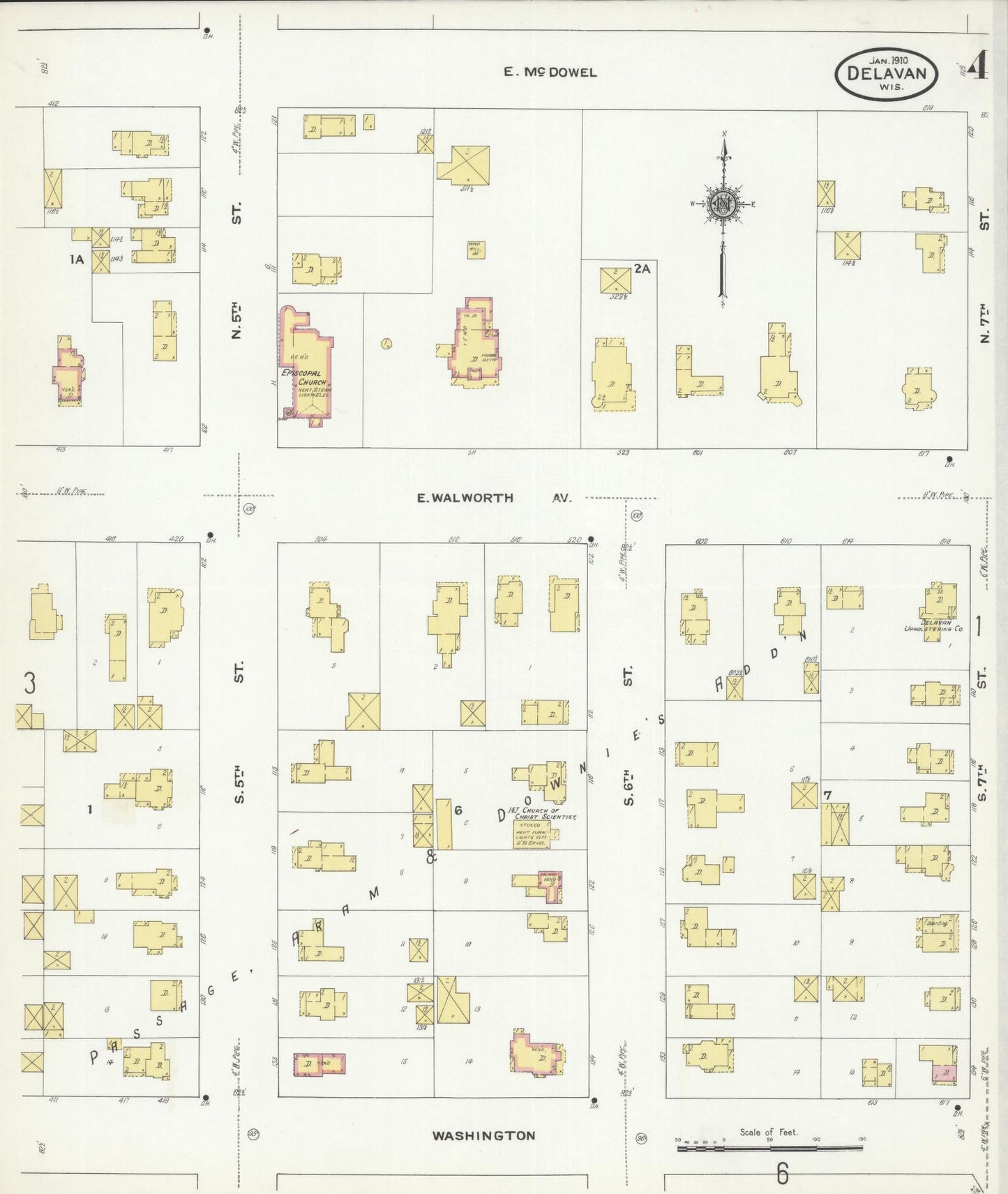 Sanborn Fire Insurance Map from Delavan, Walworth County, Wisconsin (1910), Sheet #0004 - Historic Sanborn Fire Insurance Map Print, vintage old map wall art, antique decor, genealogy gift, Wisconsin Wisconsin map