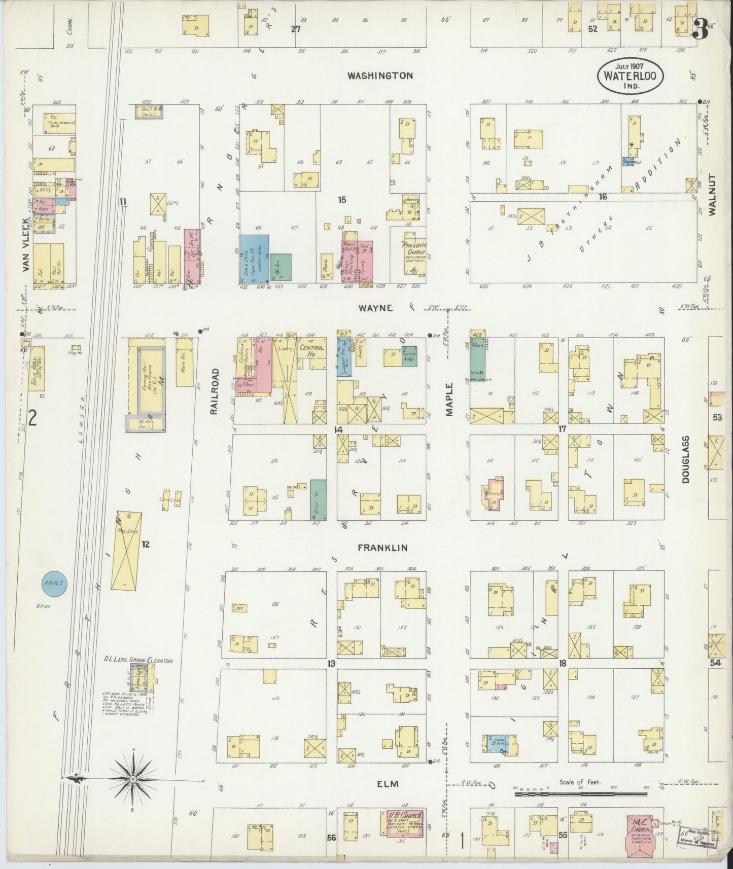 Sanborn Fire Insurance Map from Waterloo, De Kalb County, Indiana (1907), Sheet #0003 - Complete Map Set gallery image, historic Sanborn map, vintage wall art, Indiana Indiana