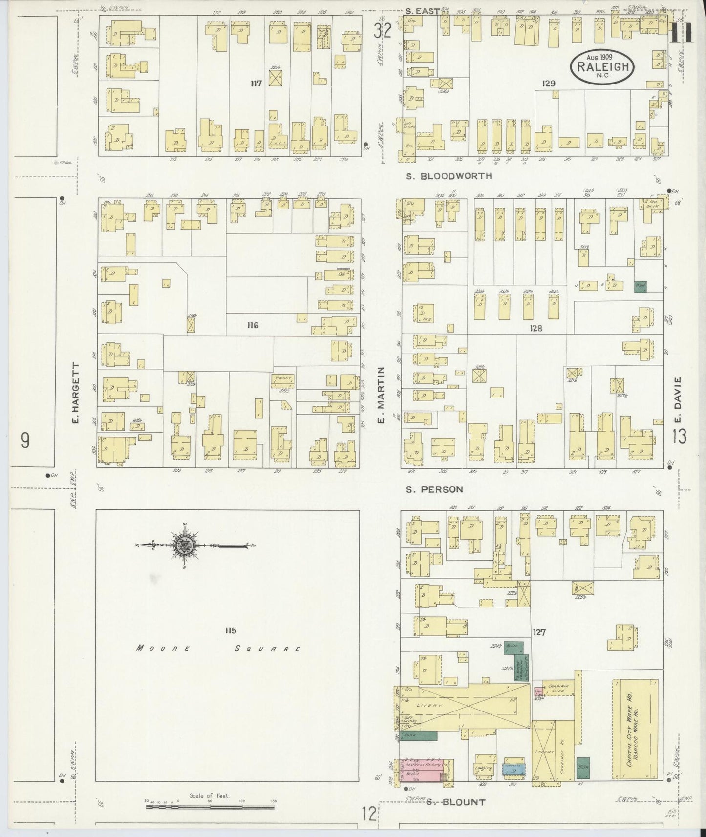 Sanborn Fire Insurance Map from Raleigh, Wake County, North Carolina (1909), Sheet #0011 - Historic Sanborn Fire Insurance Map Print, vintage old map wall art, antique decor, genealogy gift, North Carolina North Carolina map