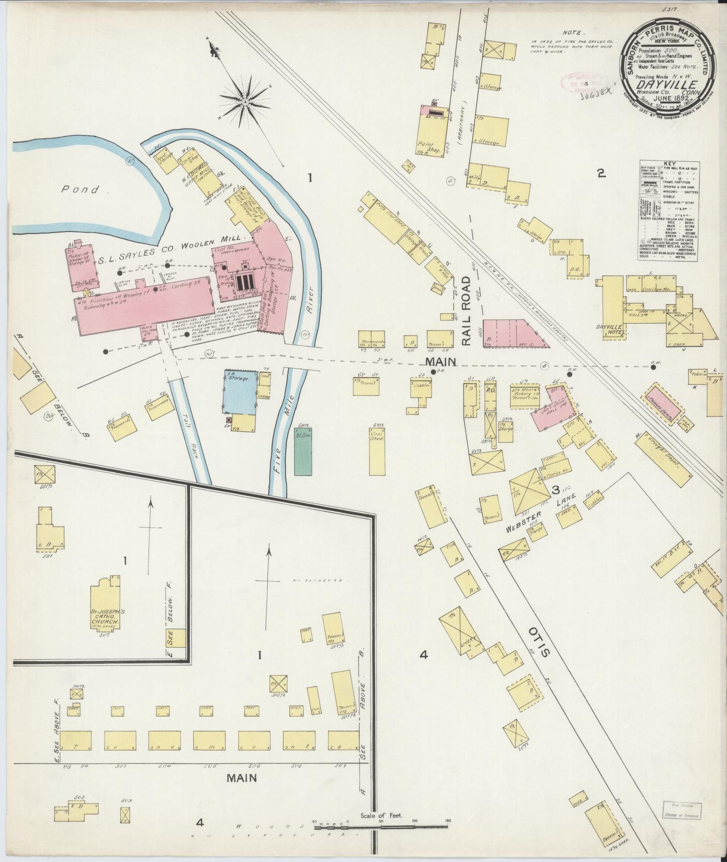 Sanborn Fire Insurance Map from Dayville, Windbam County, Connecticut (1892), Sheet #0001 - Historic Sanborn Fire Insurance Map Print, vintage old map wall art, antique decor, genealogy gift, Connecticut Connecticut map