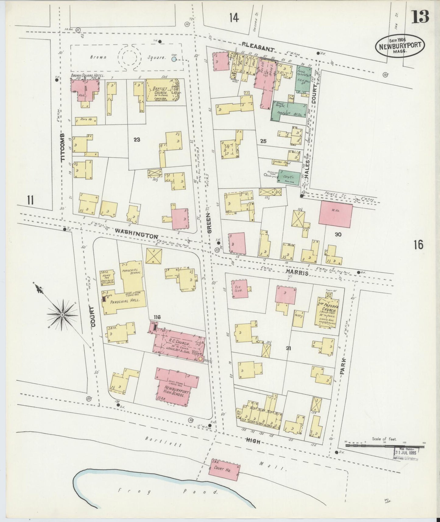 Sanborn Fire Insurance Map from Newburyport, Essex County, Massachusetts (1906), Sheet #0013 - Historic Sanborn Fire Insurance Map Print, vintage old map wall art, antique decor, genealogy gift, Massachusetts Massachusetts map