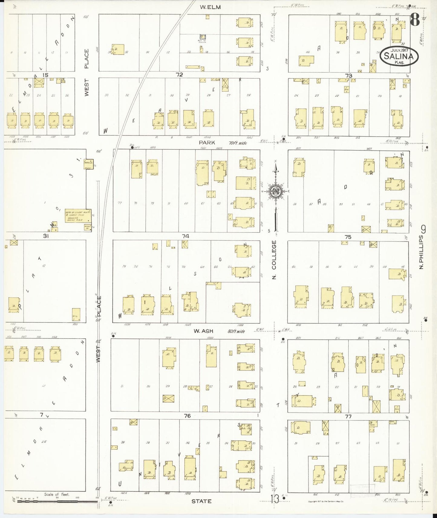 Sanborn Fire Insurance Map from Salina, Saline County, Kansas (1917), Sheet #0008 - Historic Sanborn Fire Insurance Map Print, vintage old map wall art, antique decor, genealogy gift, Kansas Kansas map