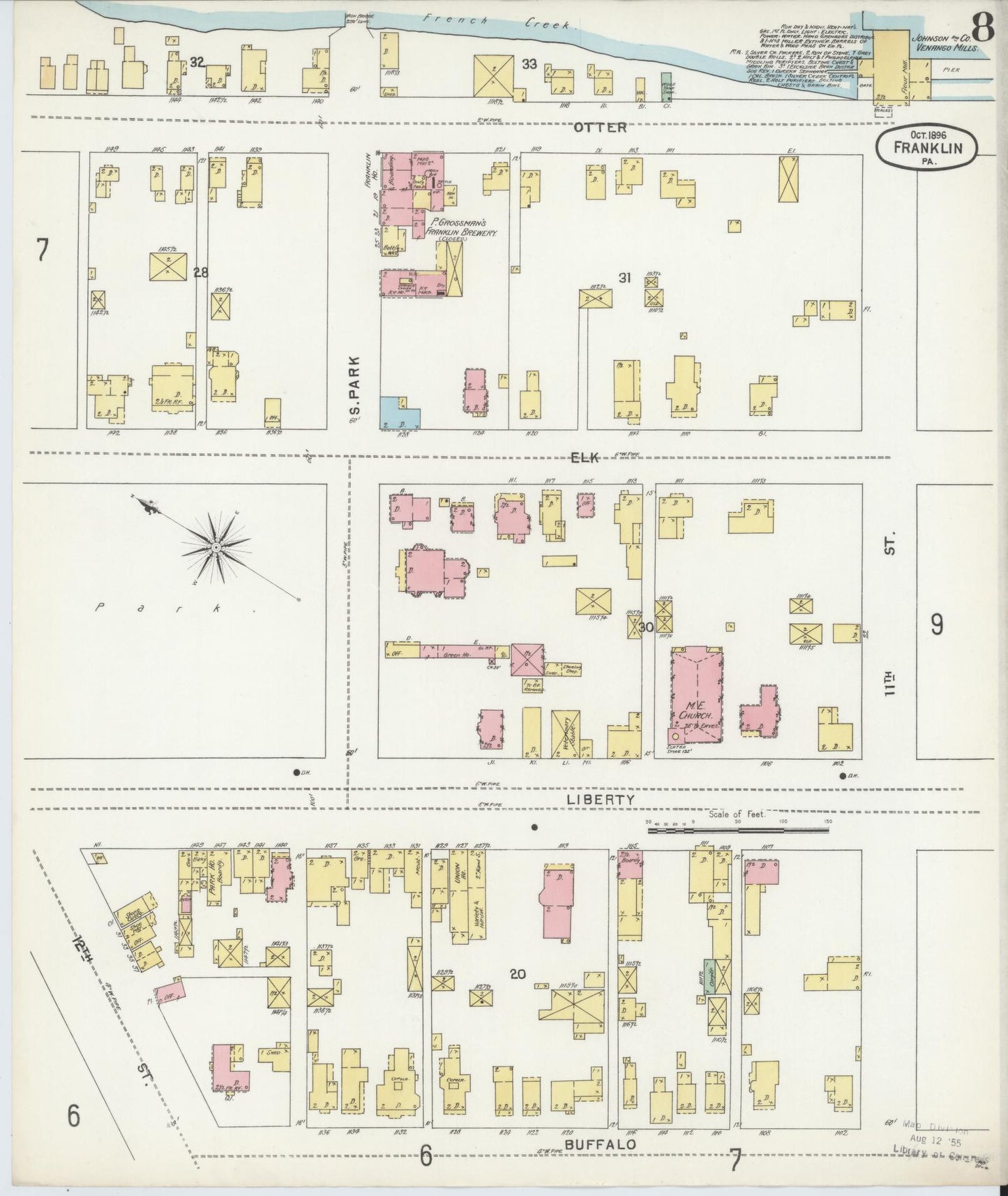 Sanborn Fire Insurance Map from Franklin, Venango County, Pennsylvania (1896), Sheet #0008 - Historic Sanborn Fire Insurance Map Print, vintage old map wall art, antique decor, genealogy gift, Pennsylvania Pennsylvania map