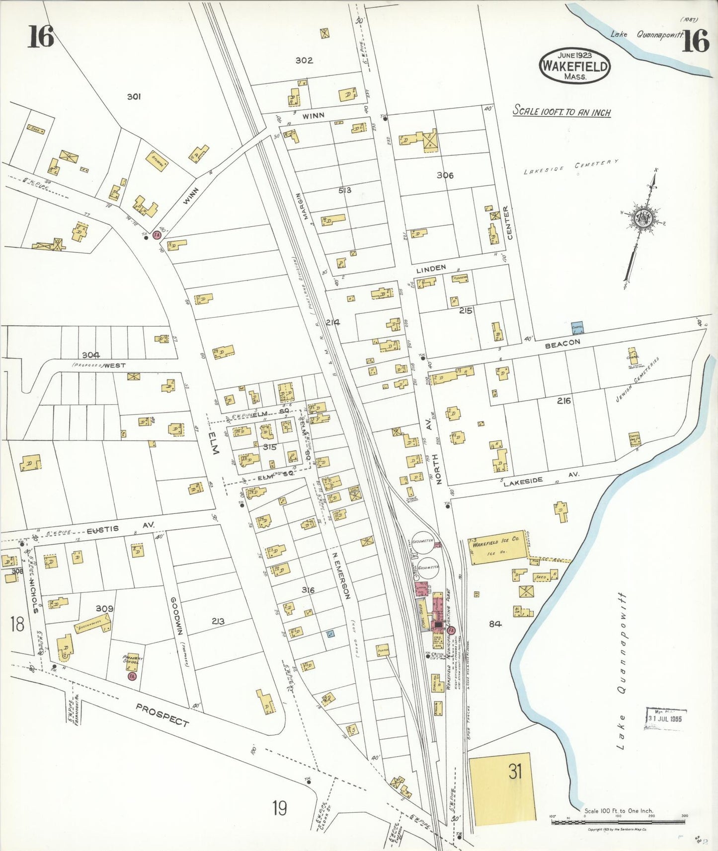 Sanborn Fire Insurance Map from Wakefield, Middlesex County, Massachusetts (1923), Sheet #0016 - Historic Sanborn Fire Insurance Map Print, vintage old map wall art, antique decor, genealogy gift, Massachusetts Massachusetts map