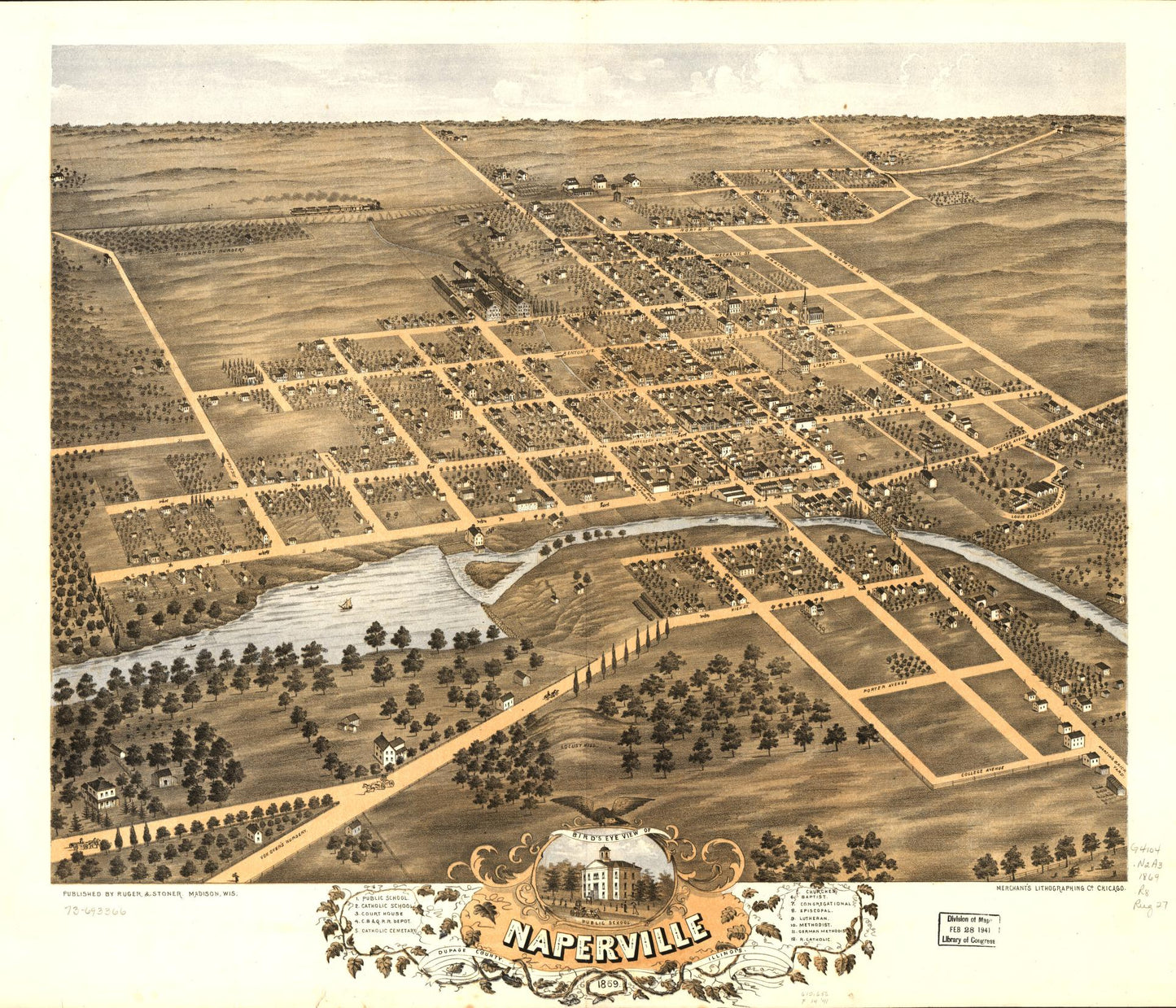 Bird's eye view of Naperville, DuPage County, Illinois 1869. (1869) – Historic Bird’s-Eye View Panorama Print