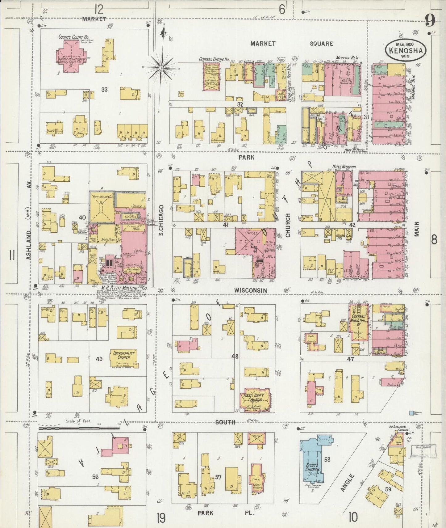 Sanborn Fire Insurance Map from Kenosha, Kenosha County, Wisconsin (1900), Sheet #0009 - Historic Sanborn Fire Insurance Map Print, vintage old map wall art, antique decor, genealogy gift, Wisconsin Wisconsin map