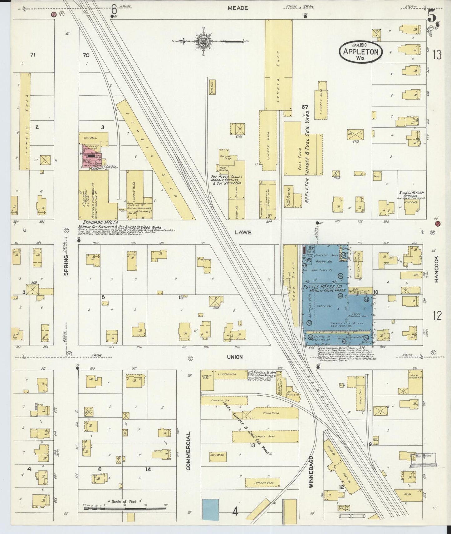 Sanborn Fire Insurance Map from Appleton, Outagamie County, Wisconsin (1911), Sheet #0005 - Historic Sanborn Fire Insurance Map Print, vintage old map wall art, antique decor, genealogy gift, Wisconsin Wisconsin map