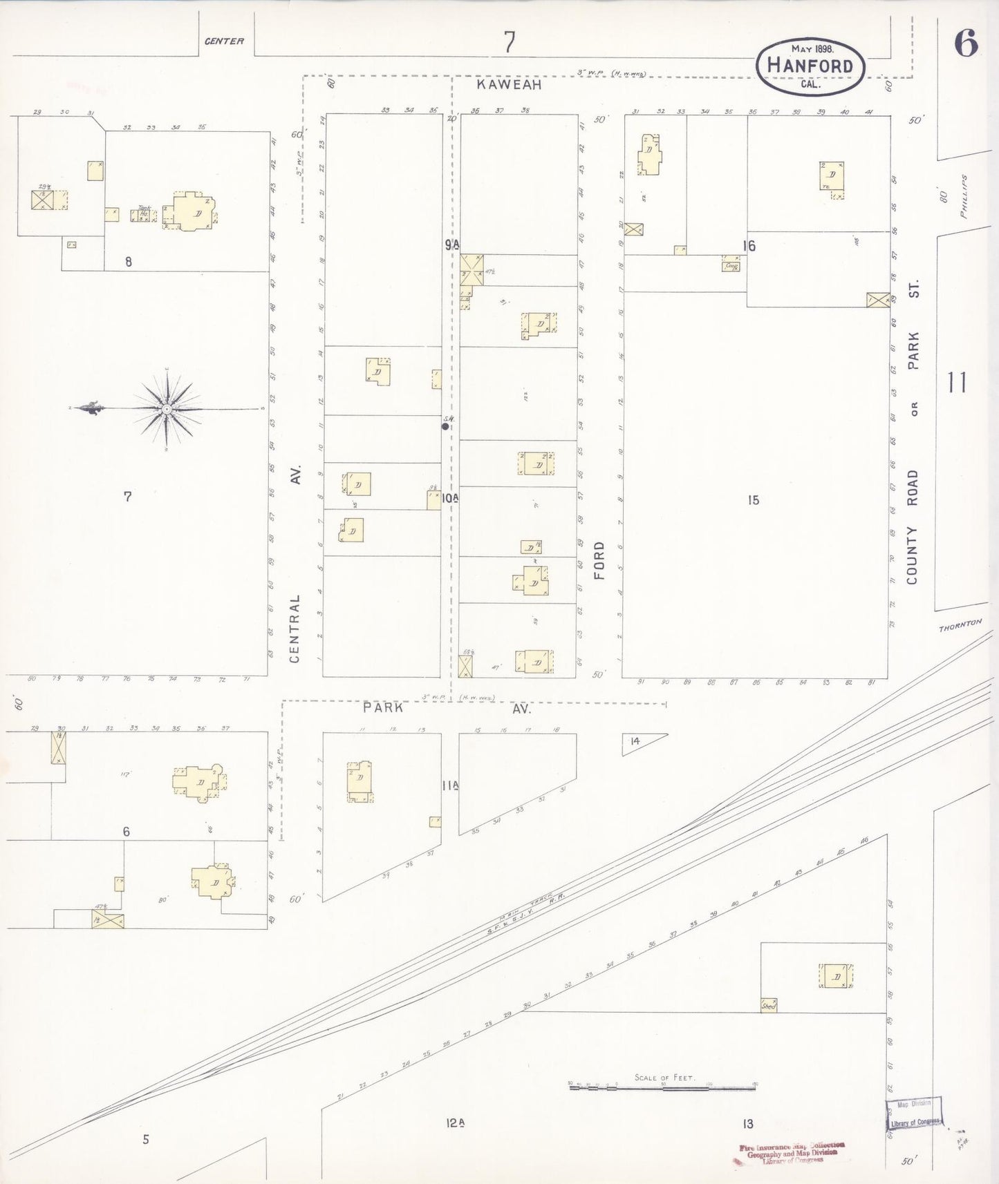 Sanborn Fire Insurance Map from Hanford, Kings County, California (1898), Sheet #0006 - Historic Sanborn Fire Insurance Map Print, vintage old map wall art, antique decor, genealogy gift, California California map